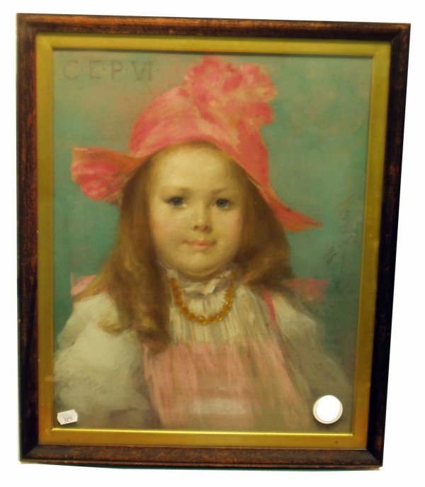 PENNINGTON PASTEL PORTRAIT OF YOUNG GIRL: PENNINGTON PASTEL PORTRAIT - Portrait of young girl on canvas, signed C.E.P.Vi - Harper Pennington 95 or 96; framed and matted; some spotting; 19" x 16", G