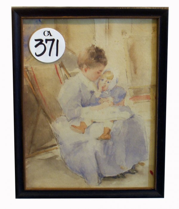 WATERCOLOR WOMAN and CHILD: WATERCOLOR WOMAN and CHILD - On paper; label reads "Caroline Pennington with Daughter Charlotte by Harper Pennington"; framed; a few small spots; 8" x 6", G