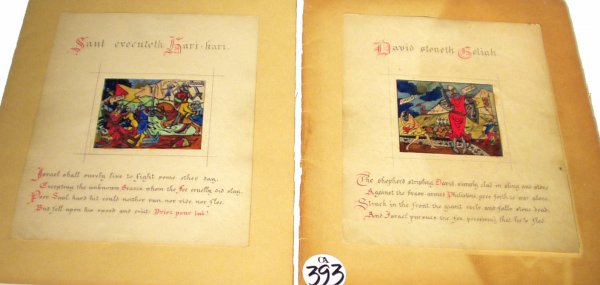 COMIC BIBLICAL WATERCOLOR SKETCHES: COMIC BIBLICAL WATERCOLOR SKETCHES - 8 pages on paper; probably Harper Pennington; Saul and David vignettes with calligraphic explanations; some slight yellowing; page size 11" x 9", G-VG