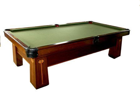 BRUNSWICK REGINA POOL TABLE: BRUNSWICK REGINA POOL TABLE - Wood gutter ball returns; rail has inset plaque; together with one set of balls, assorted cues, ball wall rack and counter; G-VG