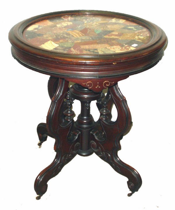 VICTORIAN MOSAIC TOP CENTER TABLE: VICTORIAN MOSAIC TOP CENTER TABLE - Marble mosaic Eastlake round table; H-30", Dia.-26", G-VG
