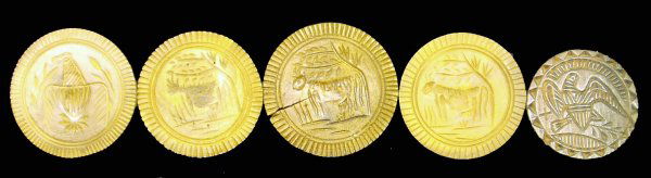 5 CARVED WOOD COW & EAGLE BUTTER STAMPS: 5 COW & EAGLE BUTTER STAMPS - (3) cows, (2) eagles; carved wood; dark wood eagle mold has loose, worn handle; (1) cow mold has a few worn holes; (1) cow mold has 1 1/2" split; Dia.-3 1/2"-4 1/4", G-VG