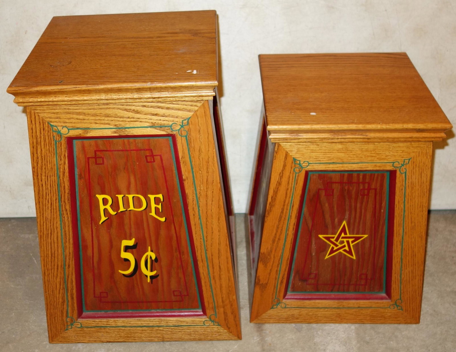 CARNIVAL PEDESTALS: (2) Sizes; painted oak; contemporary; largest has "Ride 5 Cents"; H-18"-22", VG