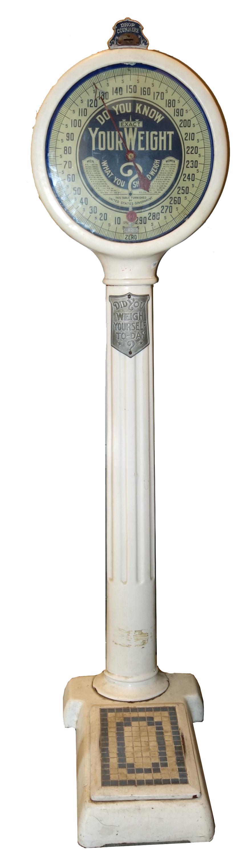 LOLLIPOP FLOOR SCALE: 1-cent ?; Mill Novelty Co. missing back plate & lower cover; normal wear; H-72"; G-VG