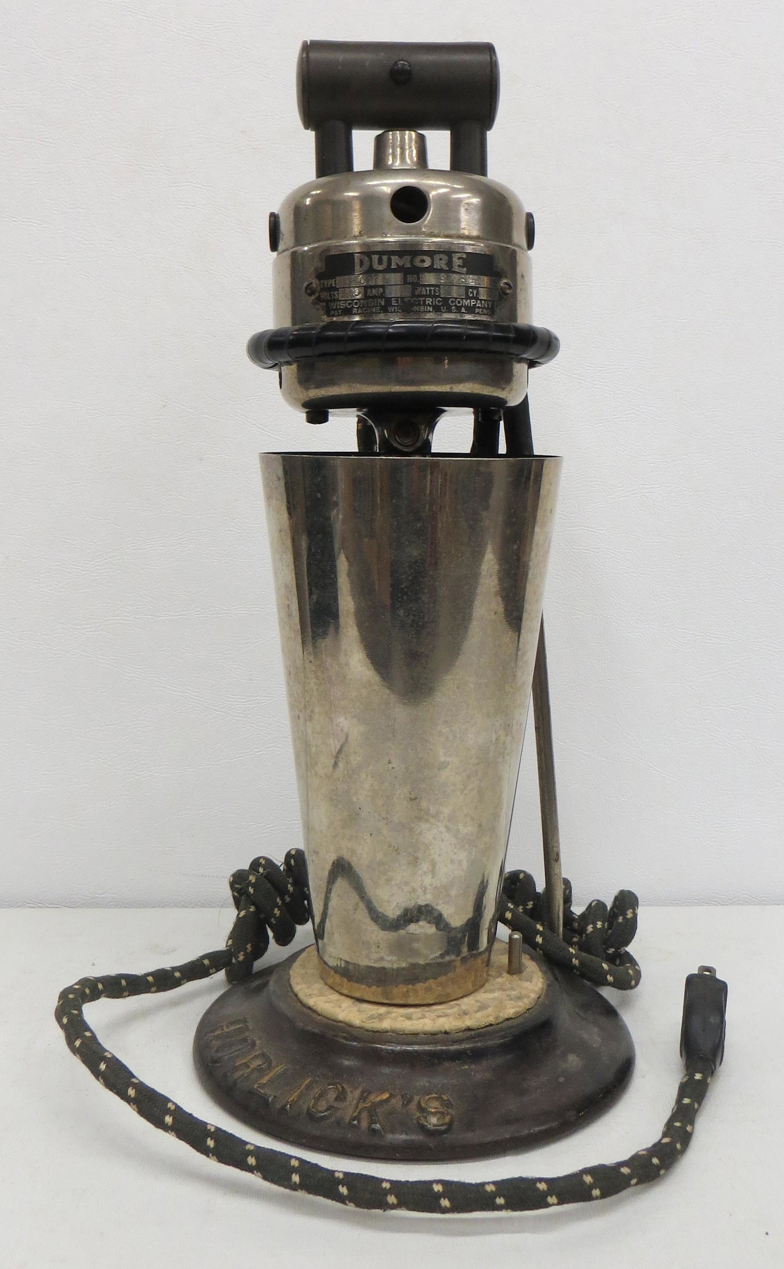 HORLICKS MIXER: Nickel plated with embossed cast iron base; Dunmore motor; runs but maybe not for long; wear; F-G