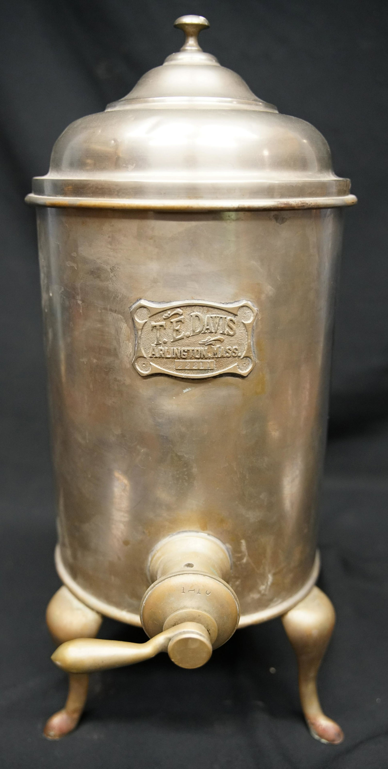 T. E. DAVIS DISPENSER: Nickel plated brass; #22211; has ice insert tube; worn; slight dents; H-20", G