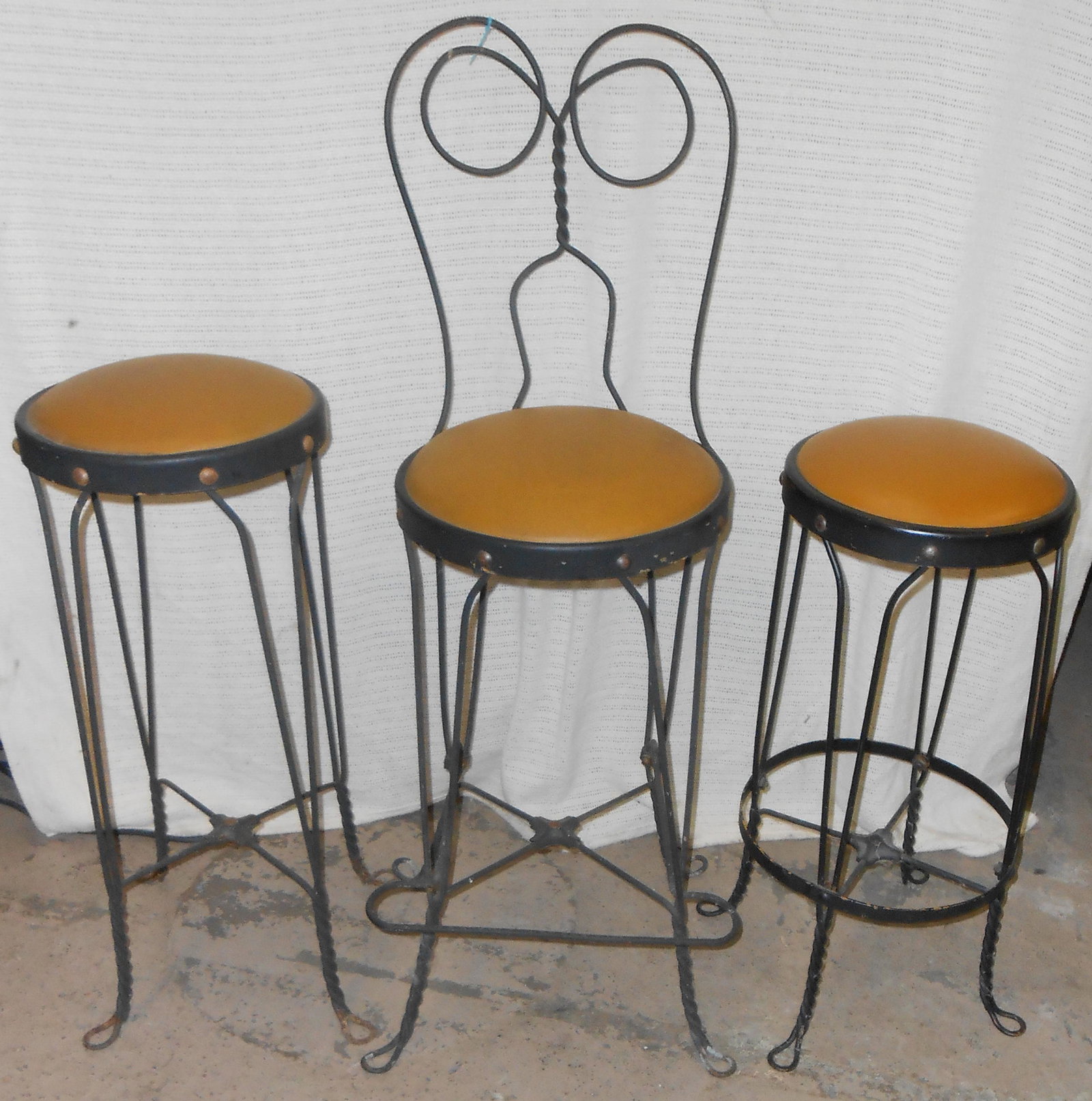 SODA FOUNTAIN WIRE STOOLS (3): (1) with back and foot rest; (2) without back; re-upholstered; H-30"-44", G-VG