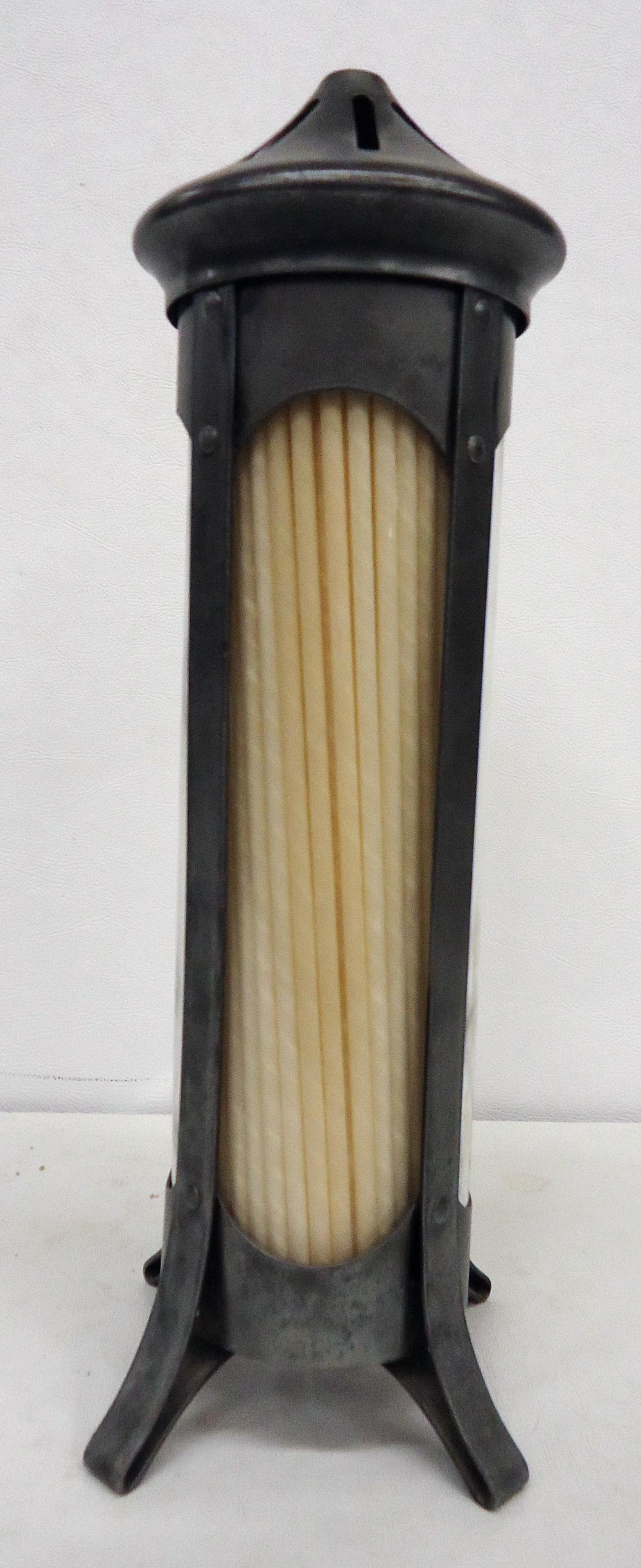 "ROCKET SHIP" STRAW DISPENSER: Metal with glass insert; normal wear; H-12 1/2"; G-VG
