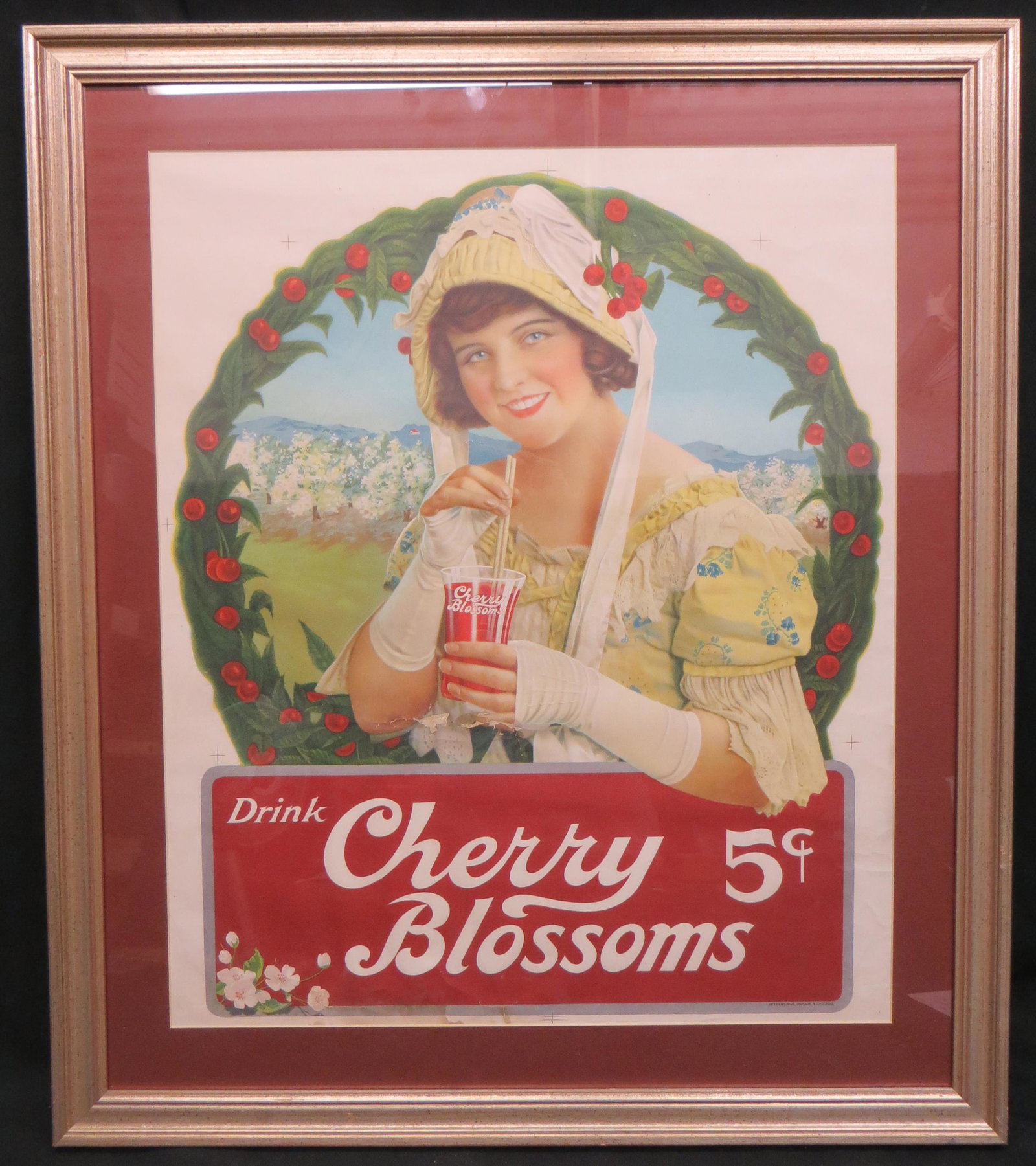 SODA FOUNTAIN ADVERTISING PROOF: "Drink Cherry Blossoms" "5¢", looks like printers proof; matted and framed; damage and loss by lower hand approximately 5"long; 24"x20"; F-G