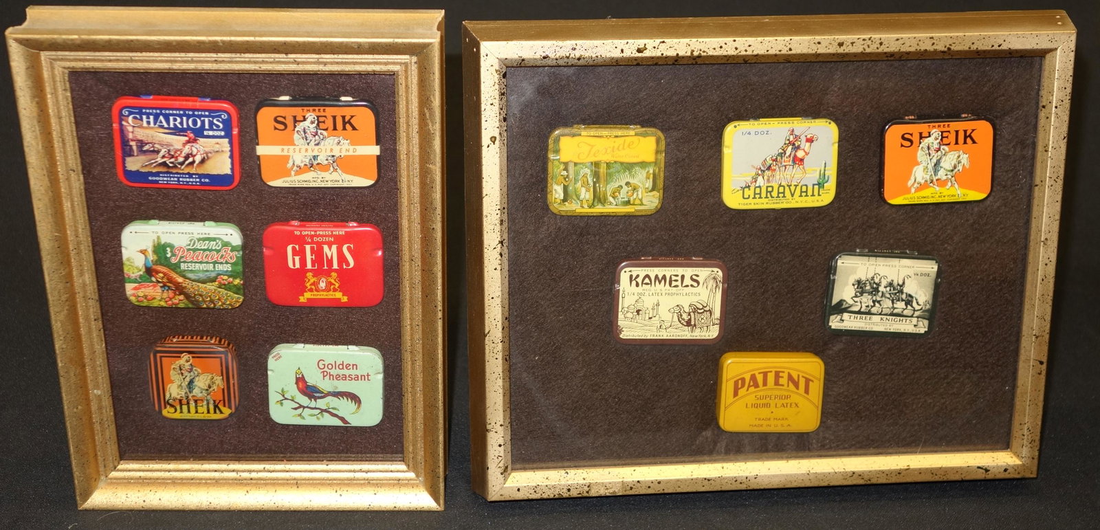 VINTAGE CONDOM TINS (12): Litho tin; shadow box; framed; largest frame-9"x11";VG-EX