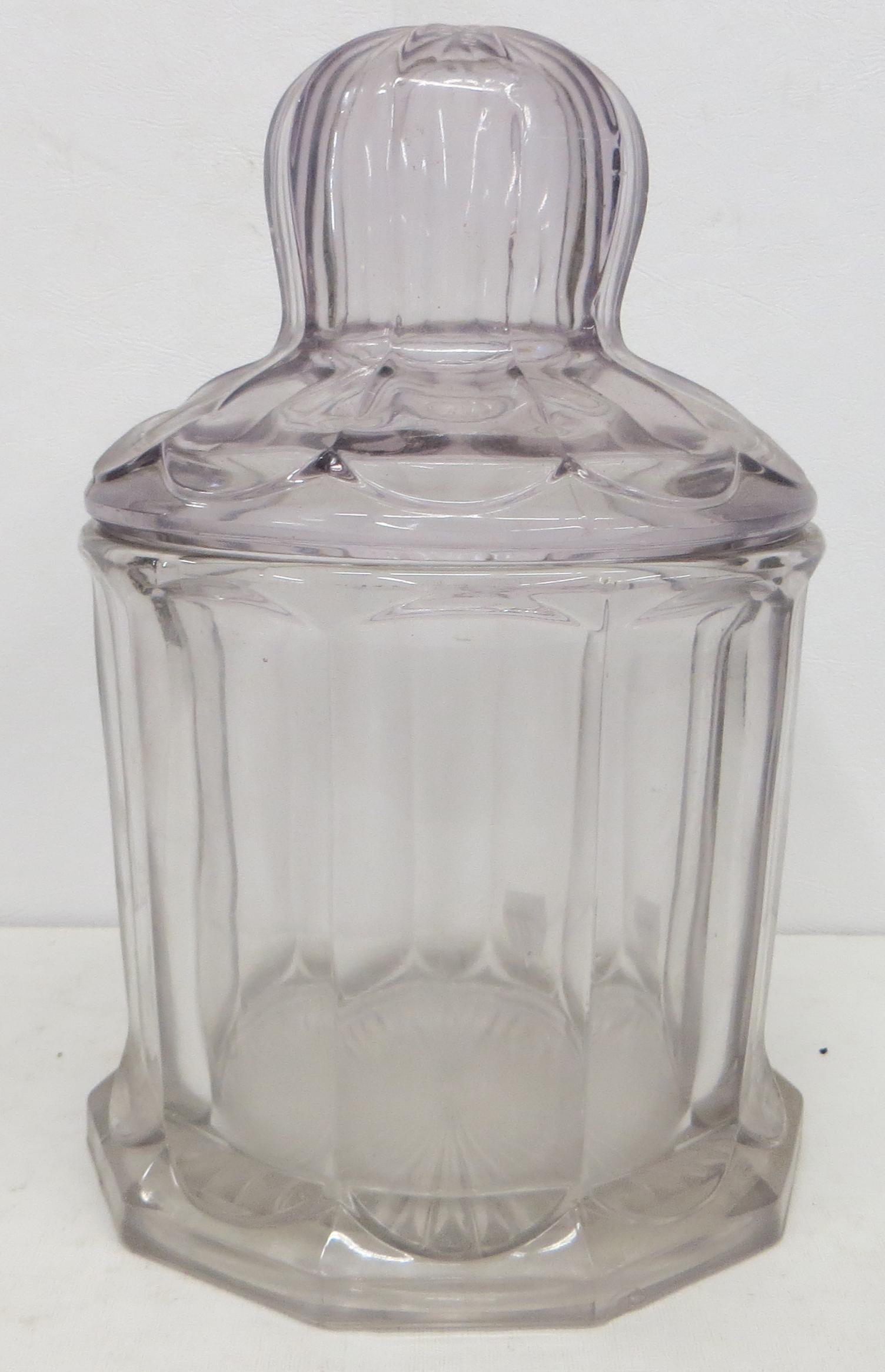 SODA FOUNTAIN COVERED JAR: "Near Cut" clear paneled glass covered jar; normal wear; H-10"; G-VG