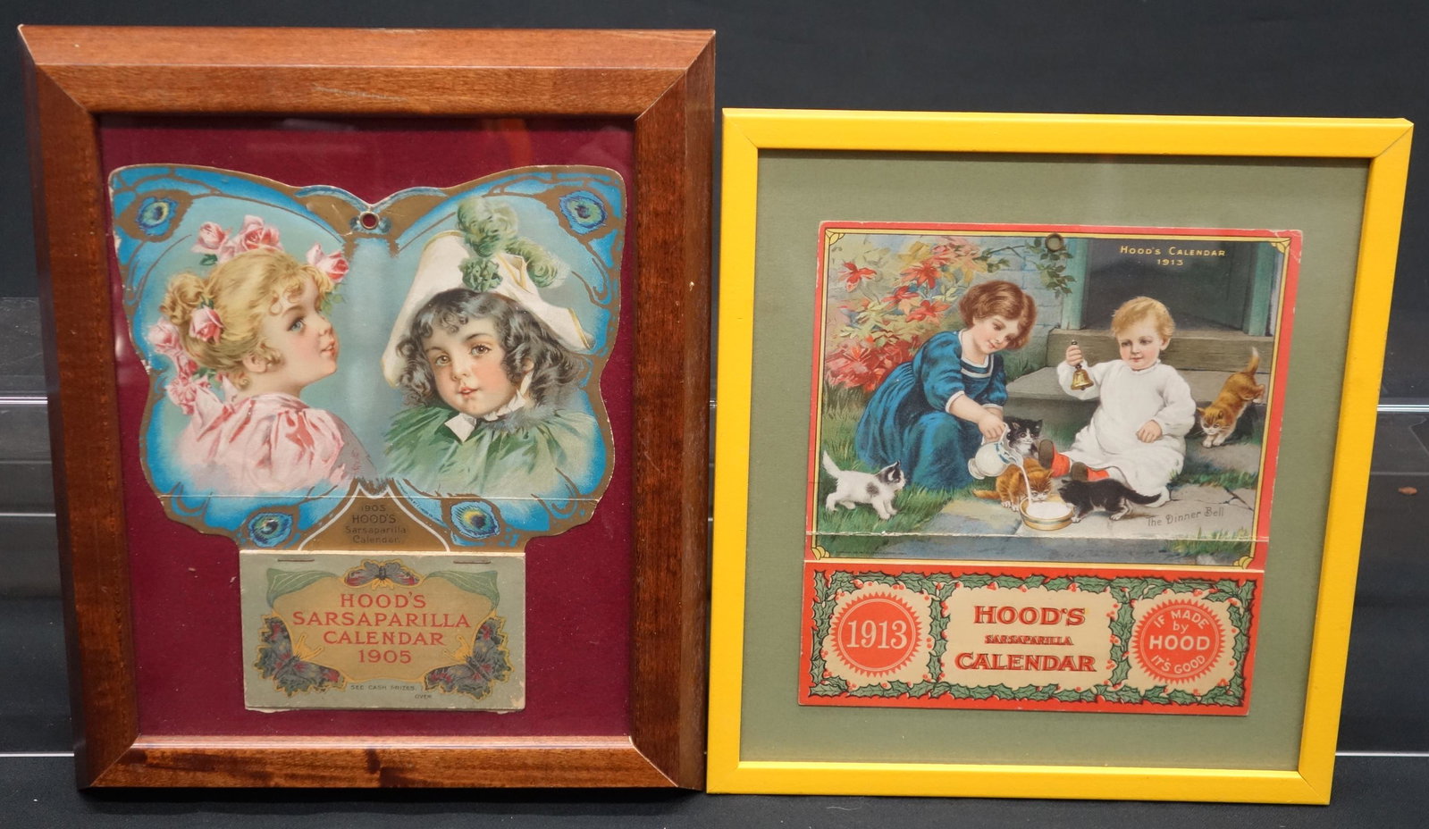 HOODS CALENDARS (2): Paper litho; both appear to have full pads; (1) 1905, butterfly diecut, crease and edge roughness; (1) 1913, creased and edge roughness; H-7 1/2"-8 1/2"; F-G
