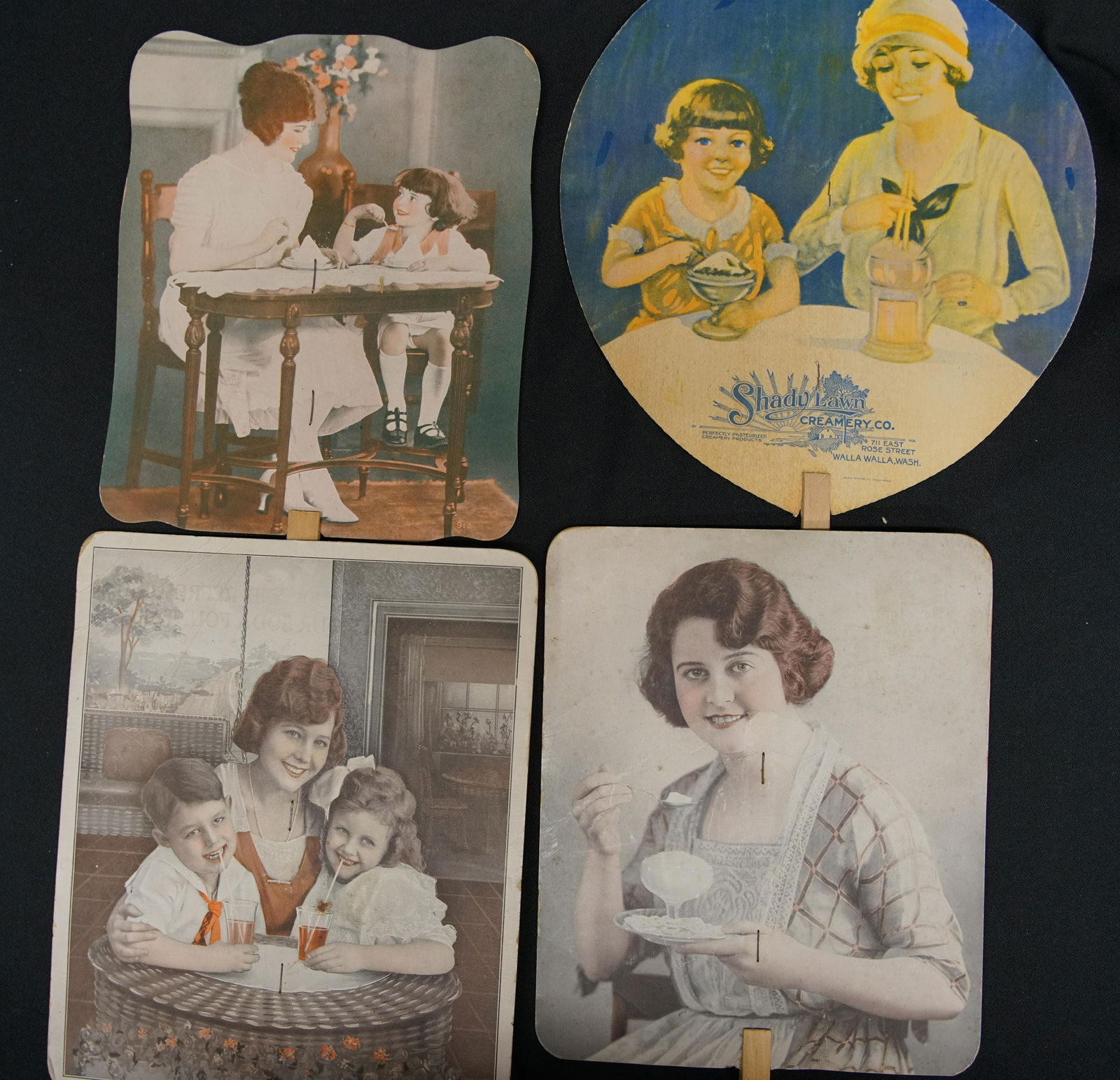 ICE CREAM ADVERTISING FANS (6): Litho cardboard; (1) Candyland, NY; (1) Shefters Ice Cream; (1) Lancaster/Ideal Milk Products; (1) Gag Rexall Store, Minnesota; (1) Shady Lawn Creamery, Washington; (1) Pines Velvet Ice Cream, Iowa; c