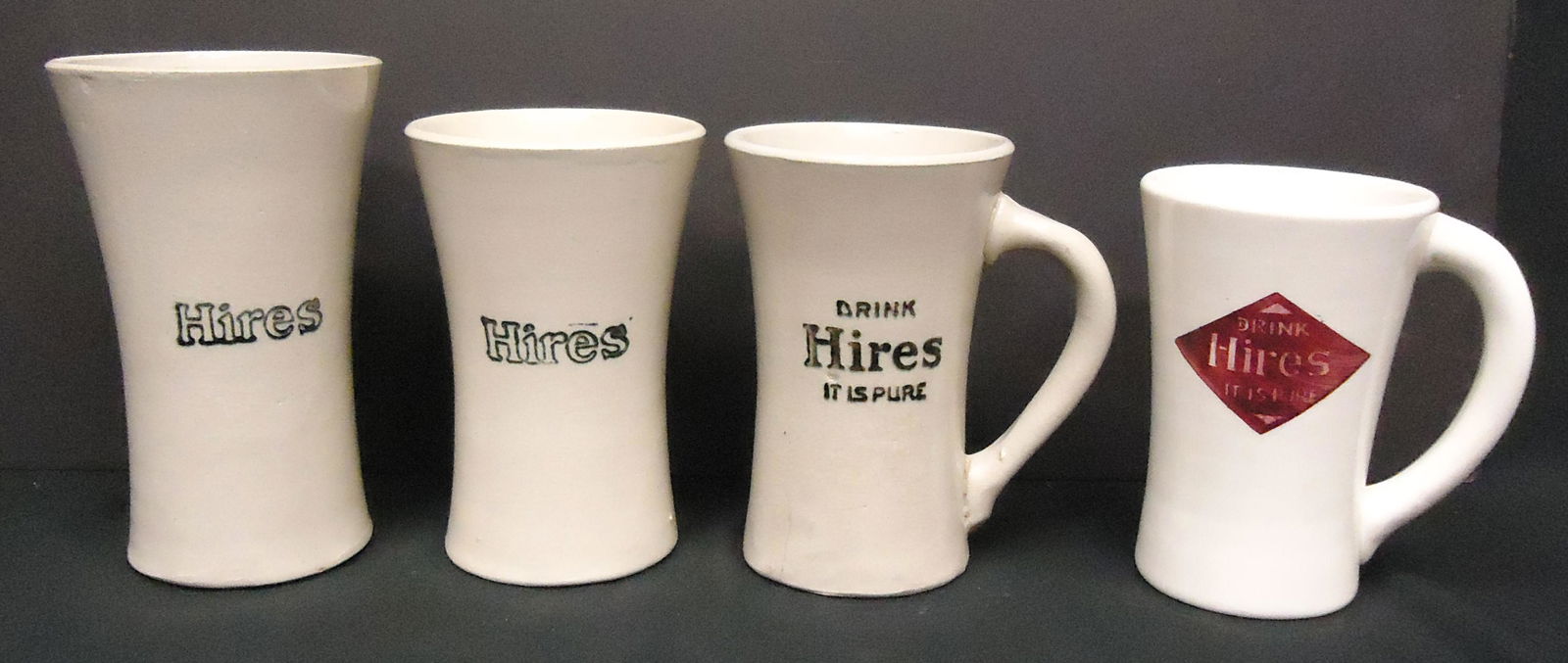 HIRES ROOT BEER MUGS (4): Ceramic; (3) different; (1) has (2) hairlines, some mold marks; H-6"-7"; G-VG