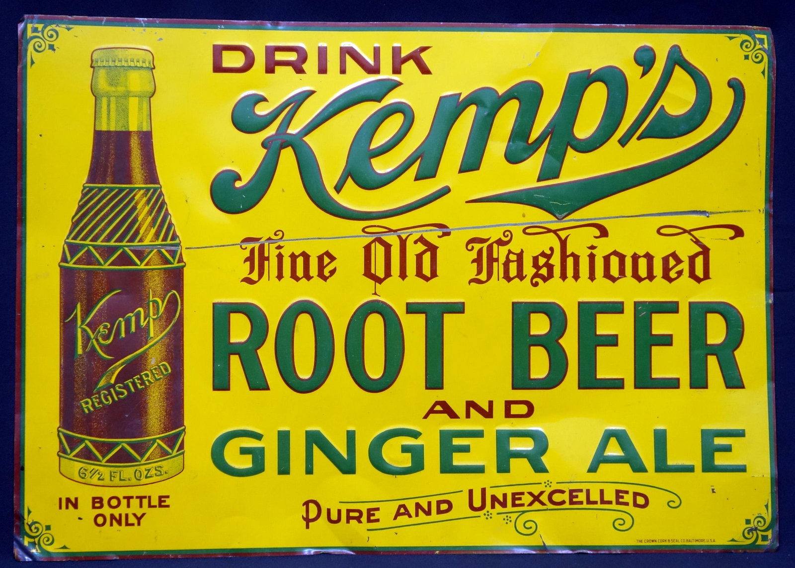 "KEMP'S" ROOT BEER & GINGER ALE SIGN: Tin litho, embossed; central scratch; dings, dents and wear; 13 3/4" x 19 3/4", F-G