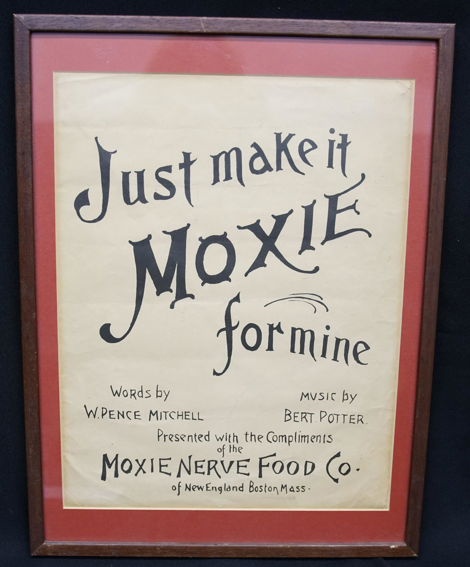 "MOXIE" SHEET MUSIC COVER: Litho paper, matted and framed; wear, creases, toning; H-13 1/2"x10 1/2"; G