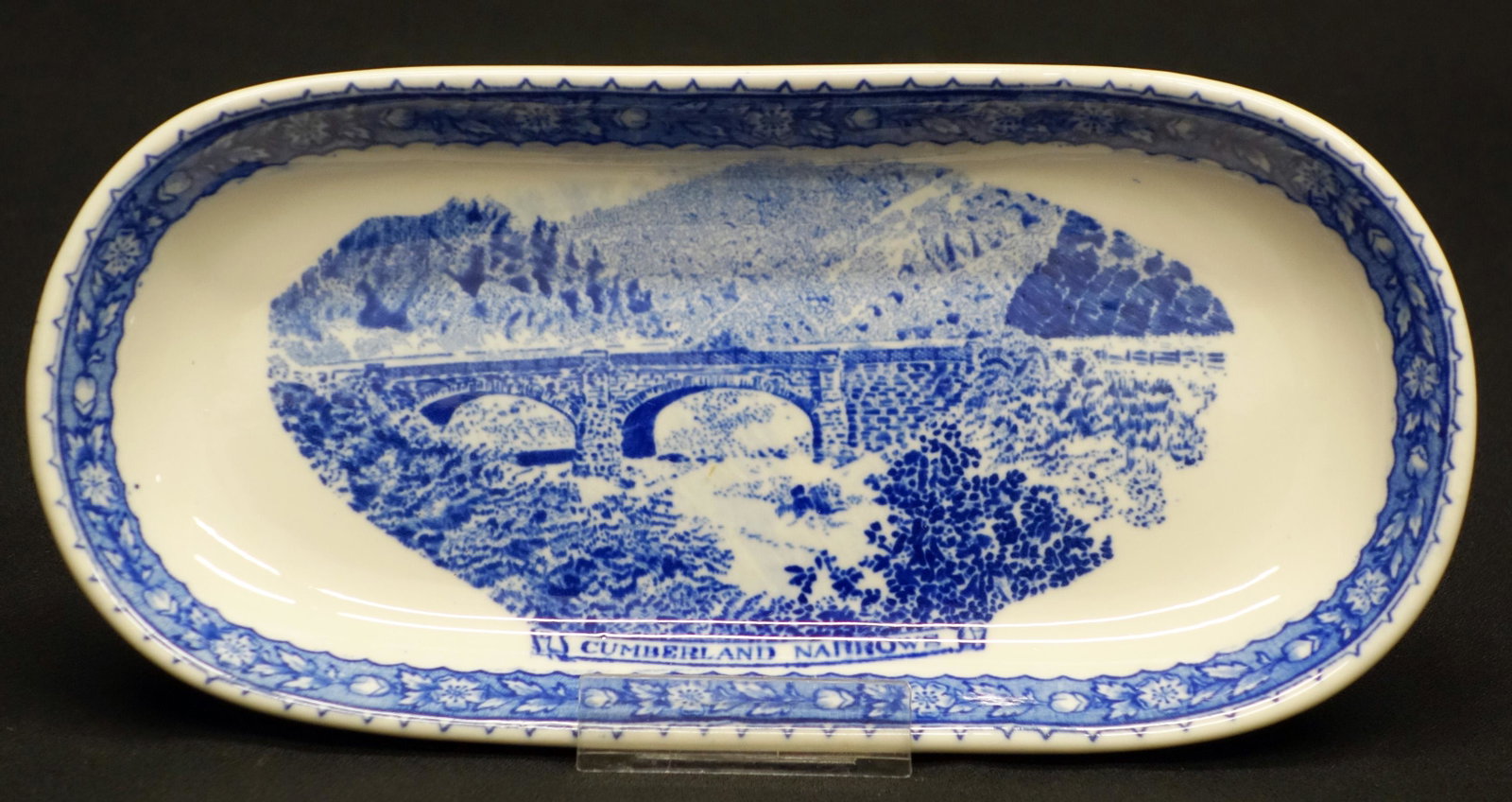 B&O CELERY DISH: Cumberland Narrows; Lamberton China; Railroad Sterling; L-10", VG-EX