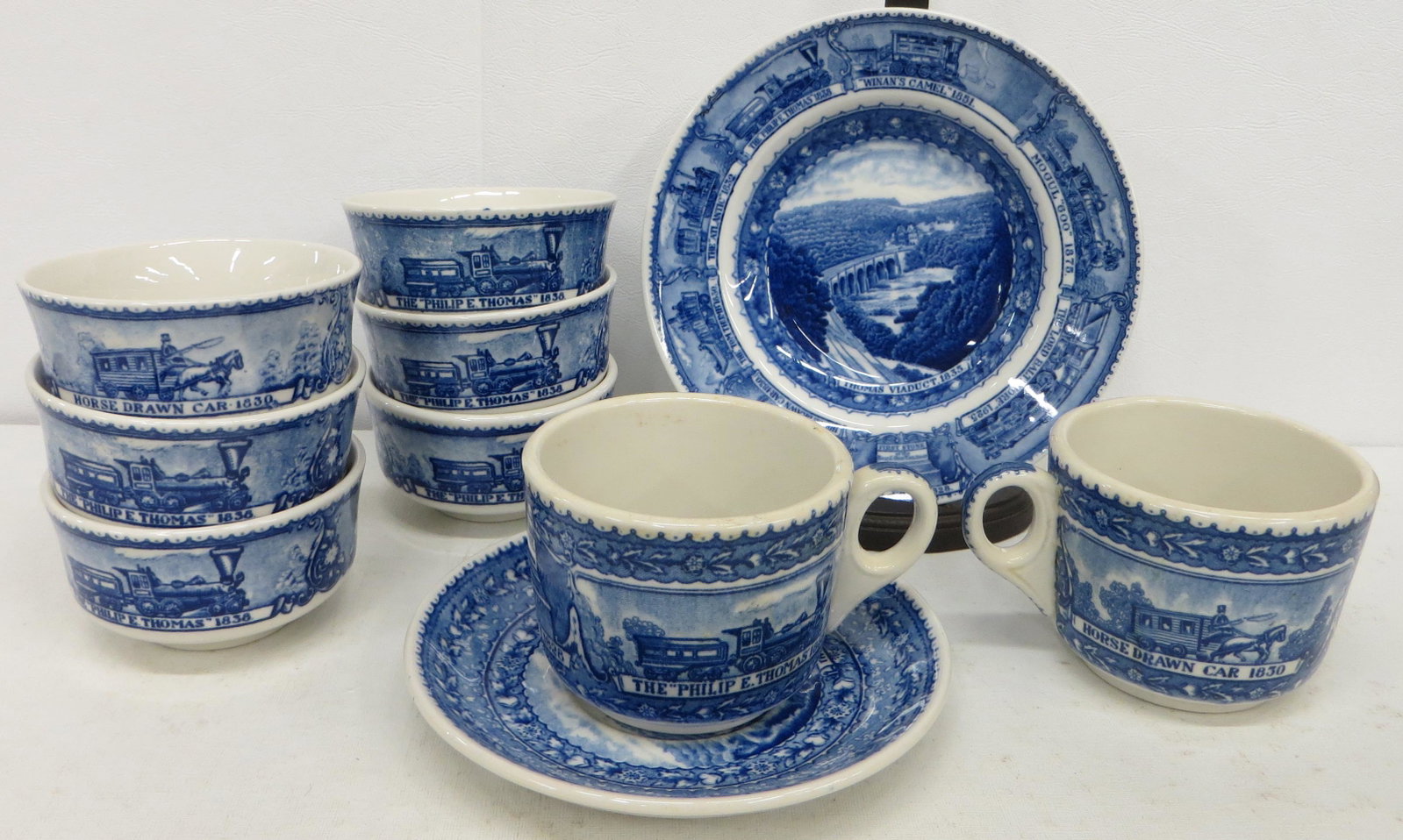 B&O CHINA (10) LAMBERTON PCS.: Scammell's Lamberton Design Patent; (2) coffee cups, (1) saucer, (6) consomme cups, (1) shallow bowl, 7 1/2", G-VG