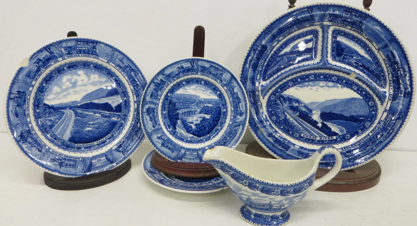 B&O CHINA (5) PIECES: Scammell's Lamberton design patent: (1) grill plate, (2) bread & butter plates, (1) salad; together with (1) Shenango gravy boat; P-F