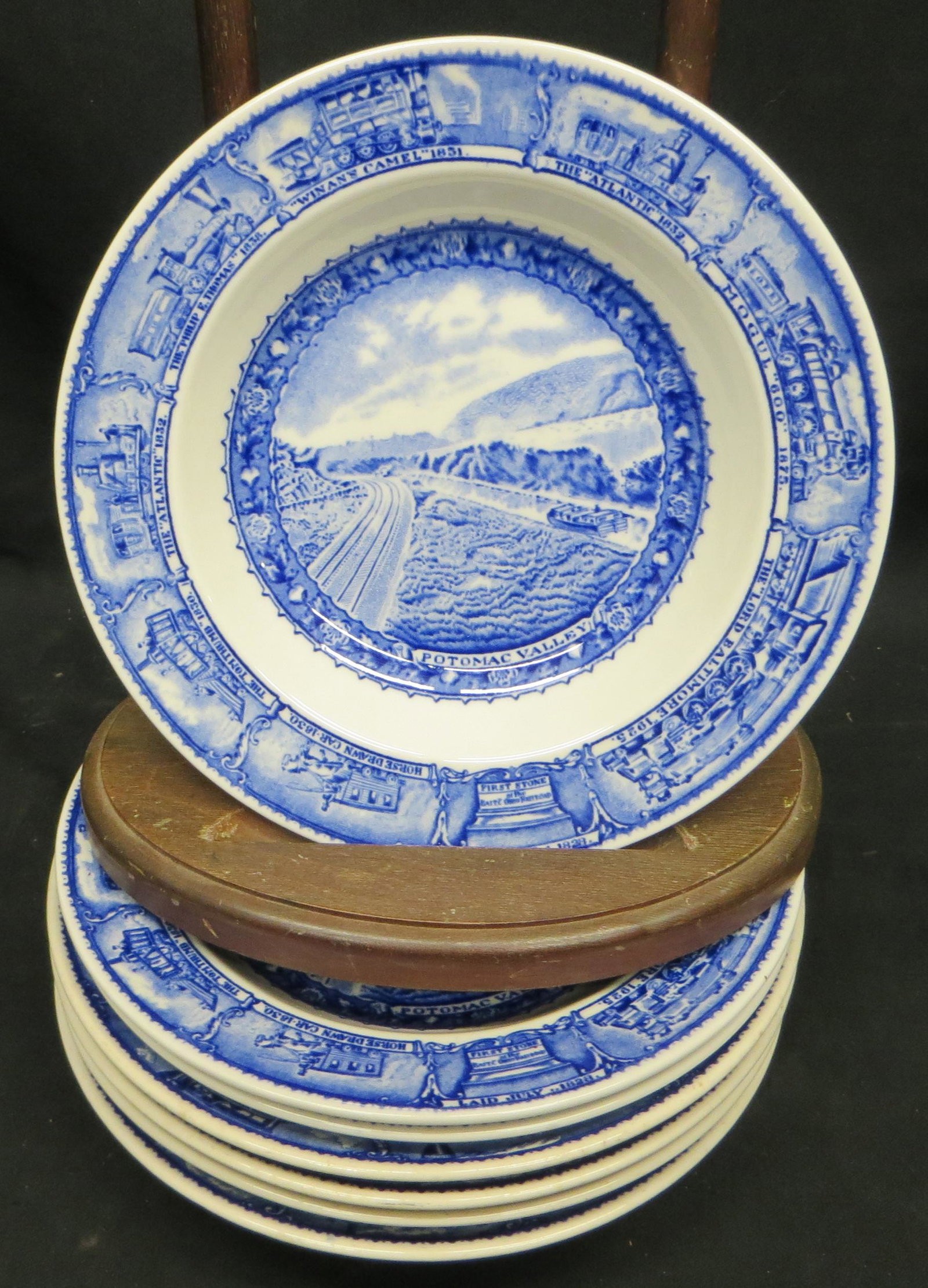 B&O CHINA SOUP BOWLS (7): Potomac Valley; Scammell's Lamberton Design Patent; normal wear; Dia.-9", VG-EX