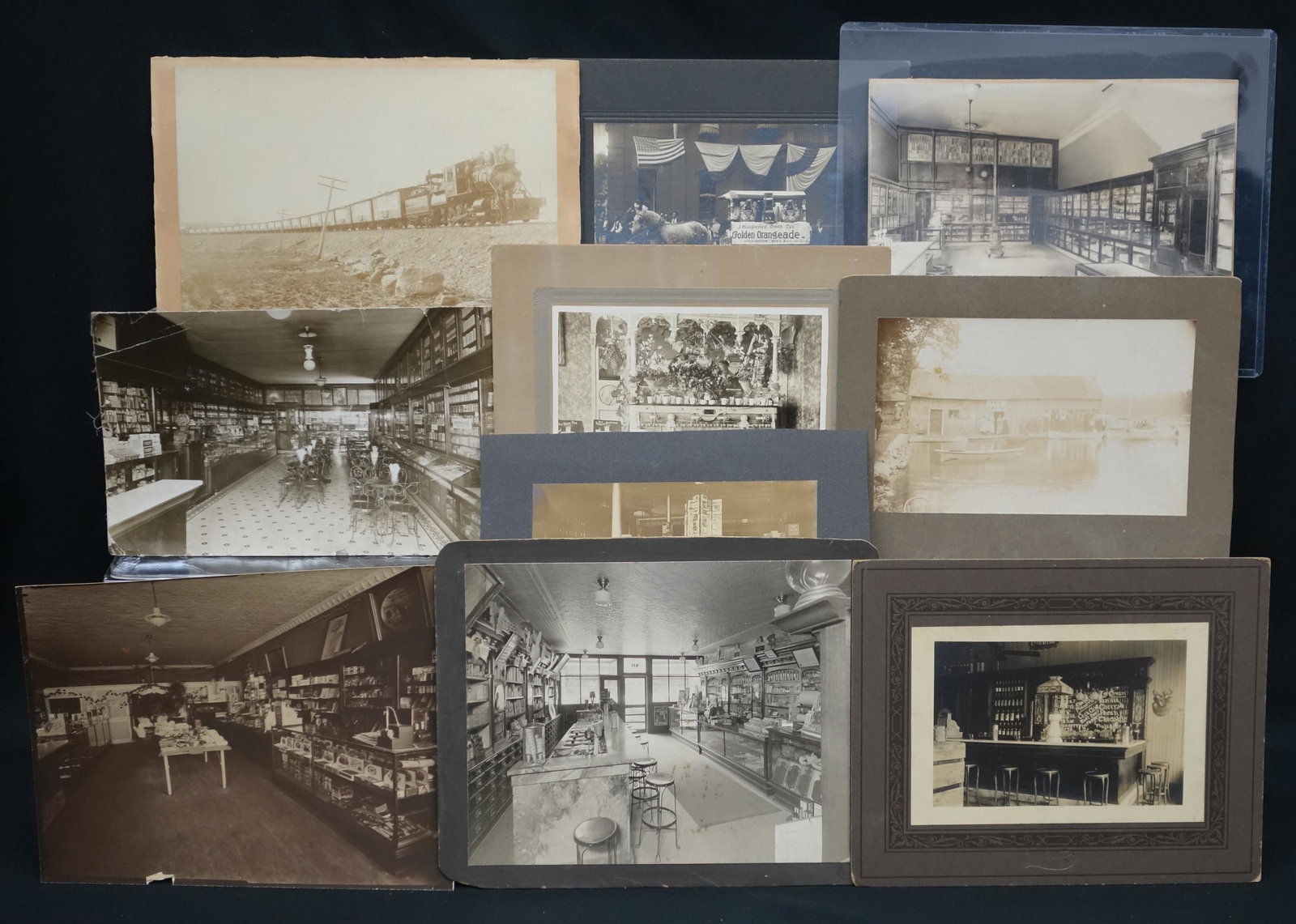 VINTAGE SODA FOUNTAIN / STORE PHOTOS (10): Mostly interior, but some exterior; includes: Hires Root Beer train; horse drawn parade wagon; most interiors do not have people; normal wear and fading; largest 7 1/2" x 9 1/2"; F-G