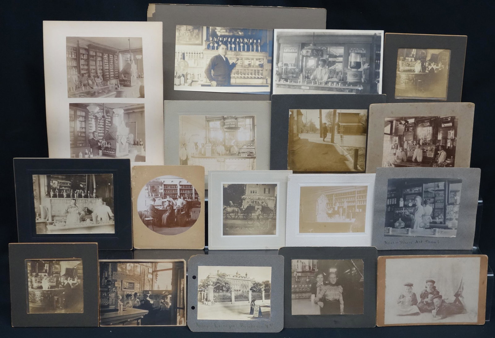 VINTAGE SIODA FOUNTAIN / STORE PHOTOS (17): Mostly interior shots but some exterior; wear and fading; boards chipped; smallest 3" x 3", F-G