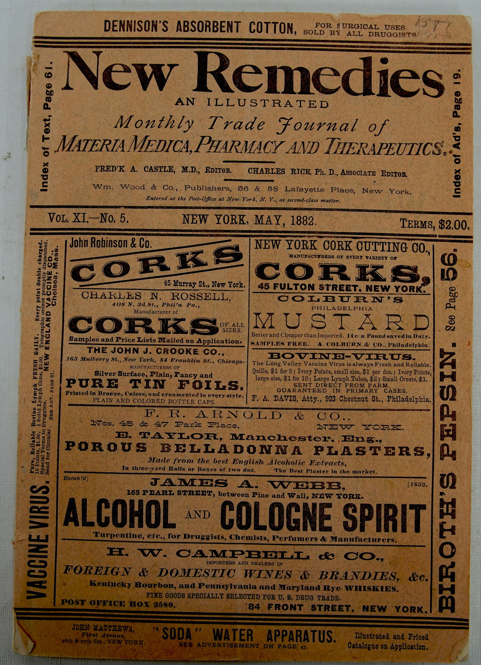 MISC. SODA FOUNTAIN SUPPLY CATALOGS (5): (1) Large Jenkinson Catalog - much glassware and complete supply, includes pool table items; no cover; (1) Bastien Blessing parts, 1955; (1) Stanley Knight; (1) New Remedies Medicines catalog, 1882; (