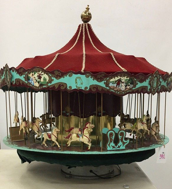 CAROUSEL MODEL: Electric, "SuBa" display, Phila., painted cardboard, plastic horses, wood, velvet top, etc.; normal wear; minor losses; H-30", Dia.-30", G-VG