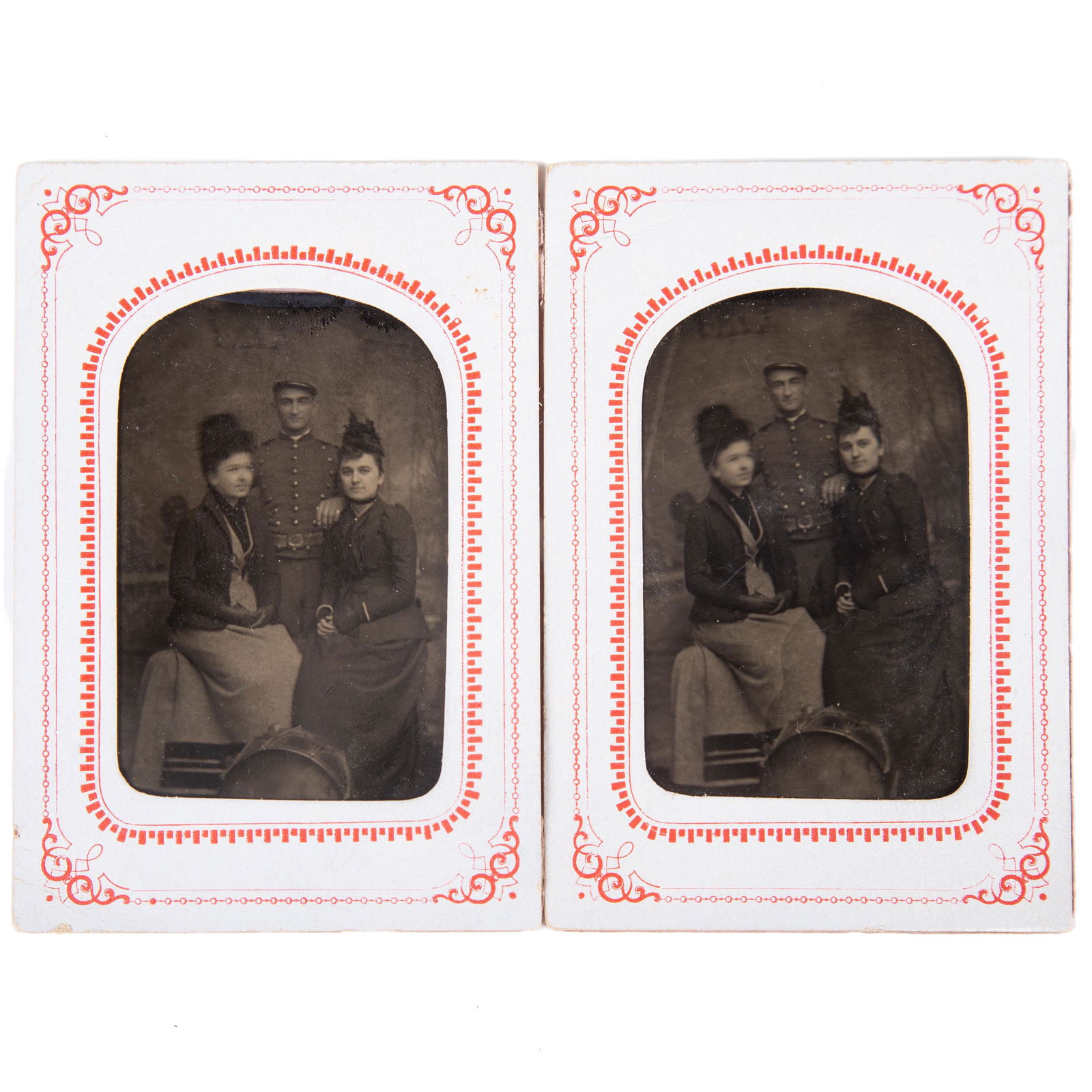 PAIR TINTYPES OF SOLDIER & TWO LADIES: 6th plate; image of soldier in uniform and cap, with drum in foreground; standing between to well-dressed women; paper litho mat; somewhat dark; mat 4 1/2" x 3", G-VG