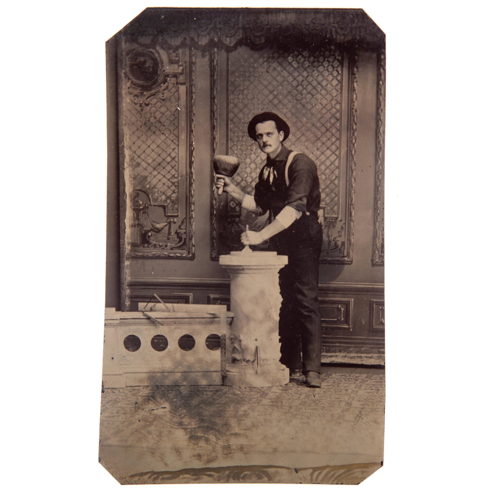 OCCUPATIONAL TIN TYPE STONECUTTER: 6th plate; image of stone cutter with chisel and ball mallet; working on pedestal; no case; no mat; VG-EX
