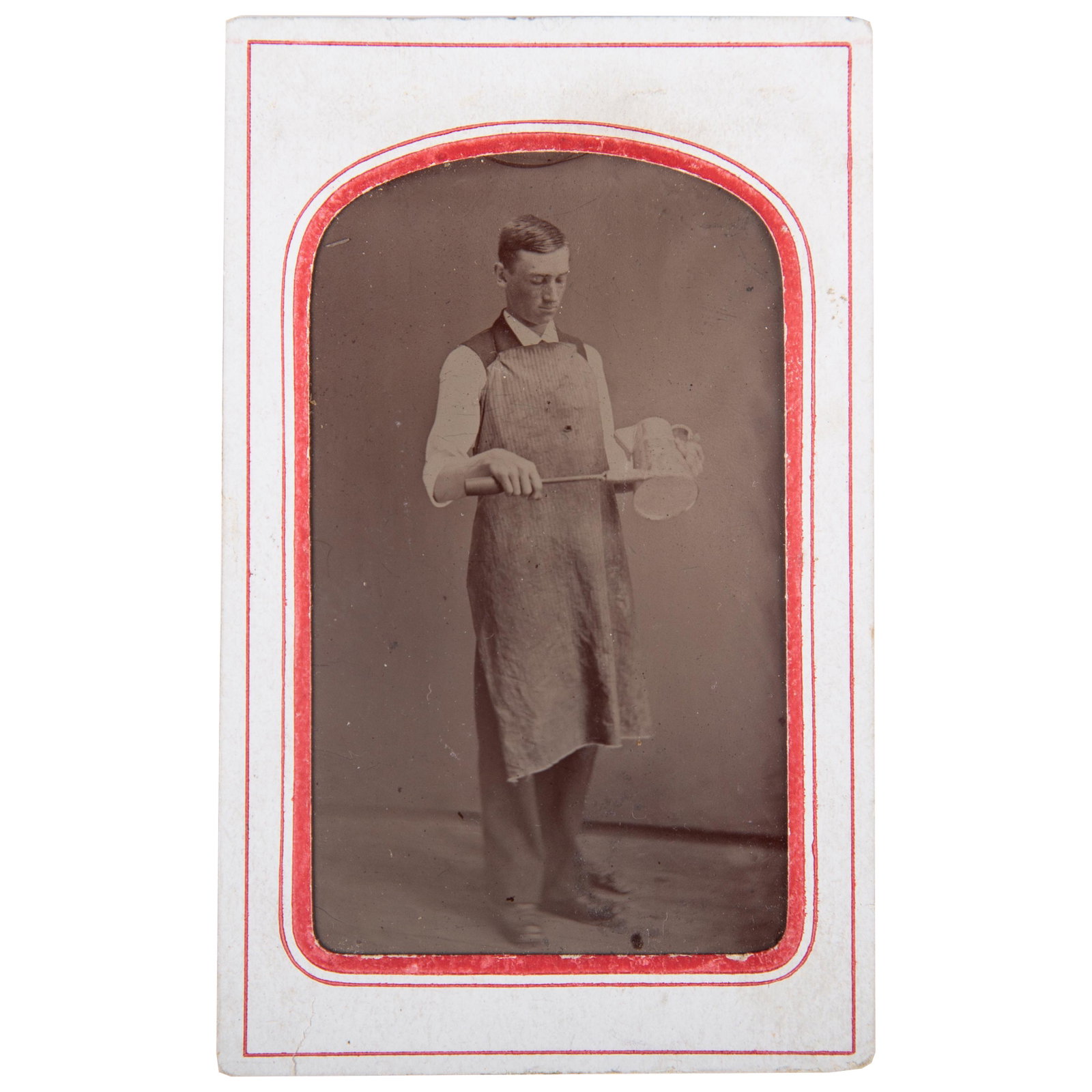 OCCUPATIONAL TIN TYPE TIN SMITH: 6th plate; image of tin smith with soldering iron and coffee pot; paper mat; no case; VG-EX