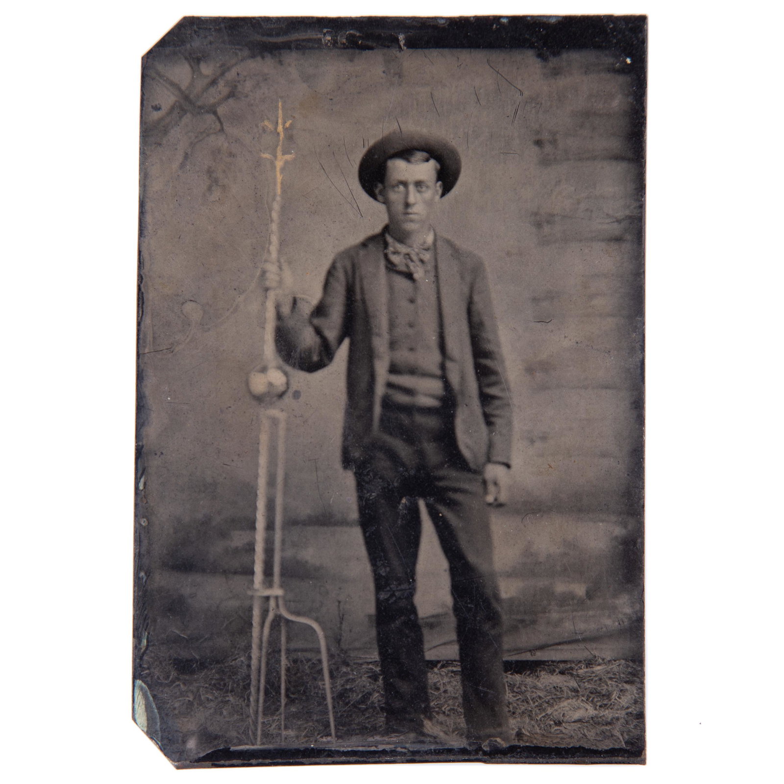 OCCUPATIONAL TIN TYPE LIGHTNING ROD SALESMAN: 6th plate; image of young man holding lightning rod with glass ball; tip highlighted; no case; no mat; VG-EX