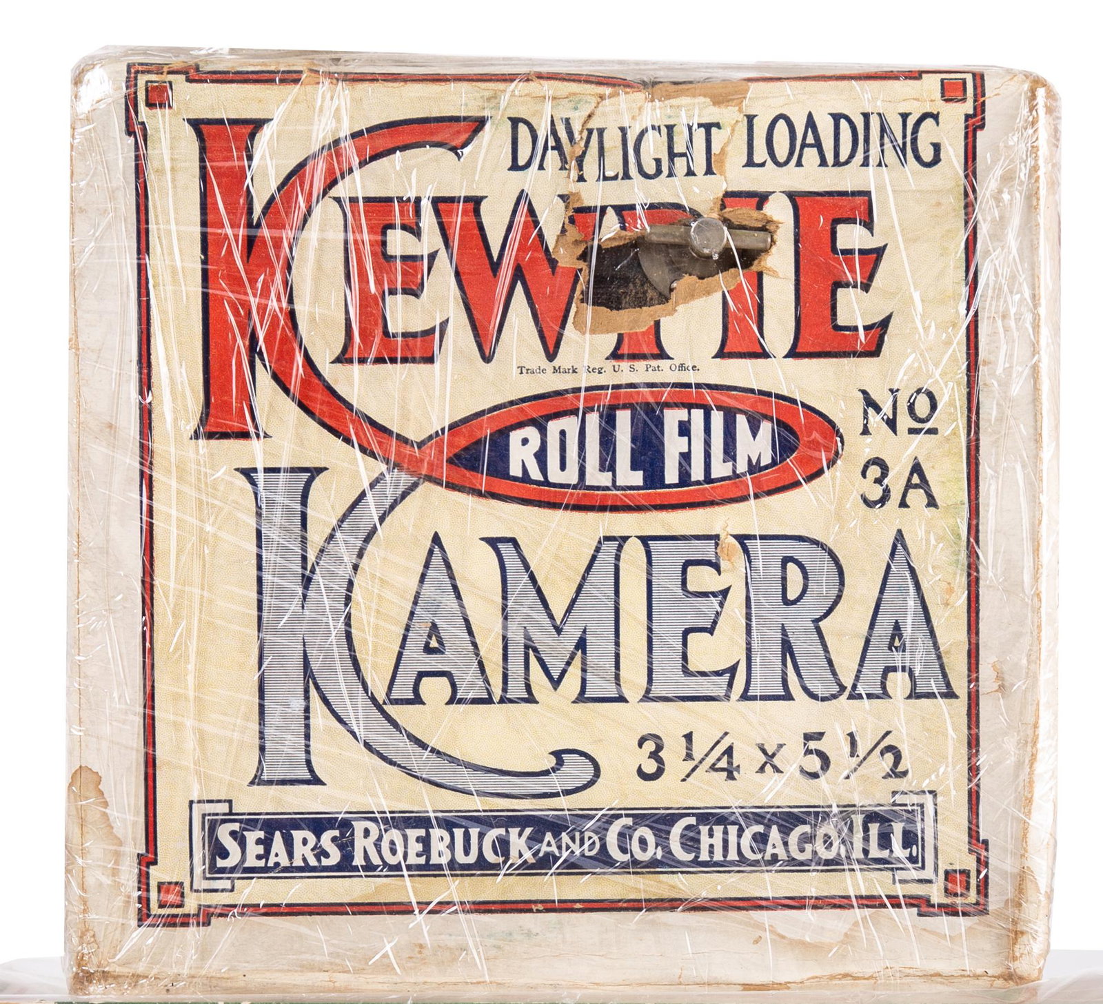 SEARS KEWPIE KAMERA 3A - UNOPENED: Very rare, contents not opened; may contain camera; original box torn and losses; H-6 1/2", VG-EX