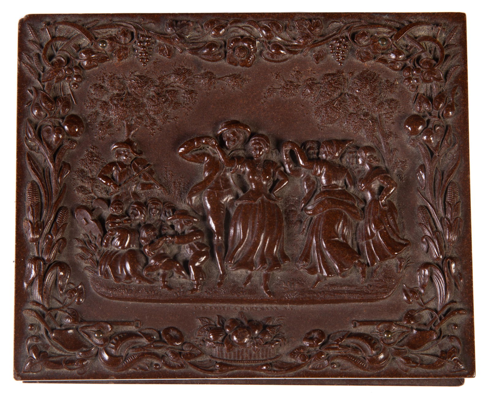GUTTA PERCHA / UNION CASE: Quarter plate case; embossed dancing women, men, children, violinist; foliate and fruit border; (2) rear corner chips; 4 3/4" x 4", G-VG