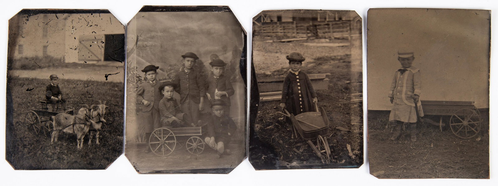 CHILDREN WITH WHEEL TOYS TINTYPES (4): 6th plate; (1) boy witih goat cart; (1) group of children around wagon; (1) child pulling "express" wagon; (1) child with wheelbarrow; no mat; no case; somewhat dark; normal wear; G-G+