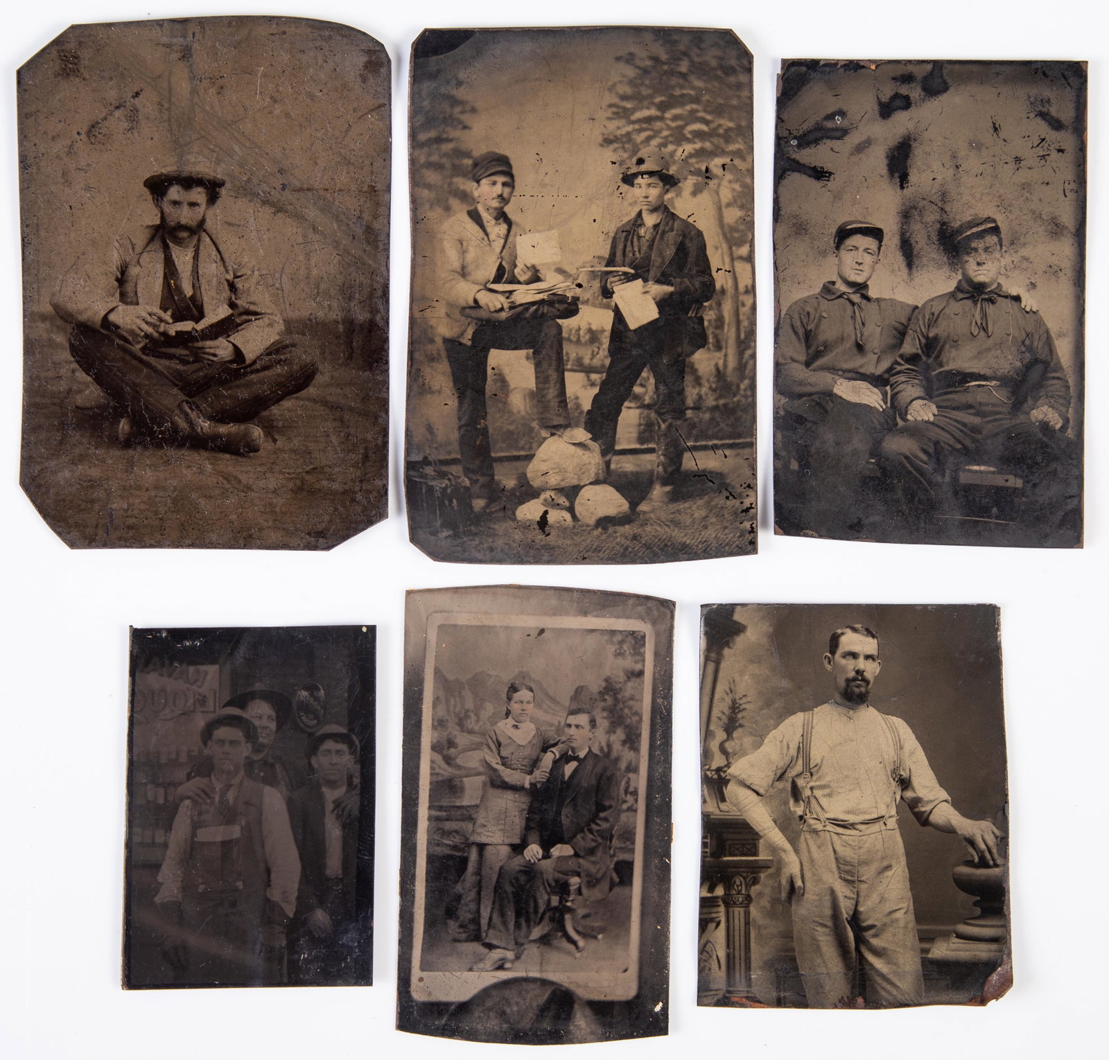 PEOPLE, WORKERS, OCCUPATIONAL TINTYPES (6): 9th plate - 6th plate; mail delivery (?), man readingn, uniformed man, etc.; no mats, no cases; normal wear; G-VG