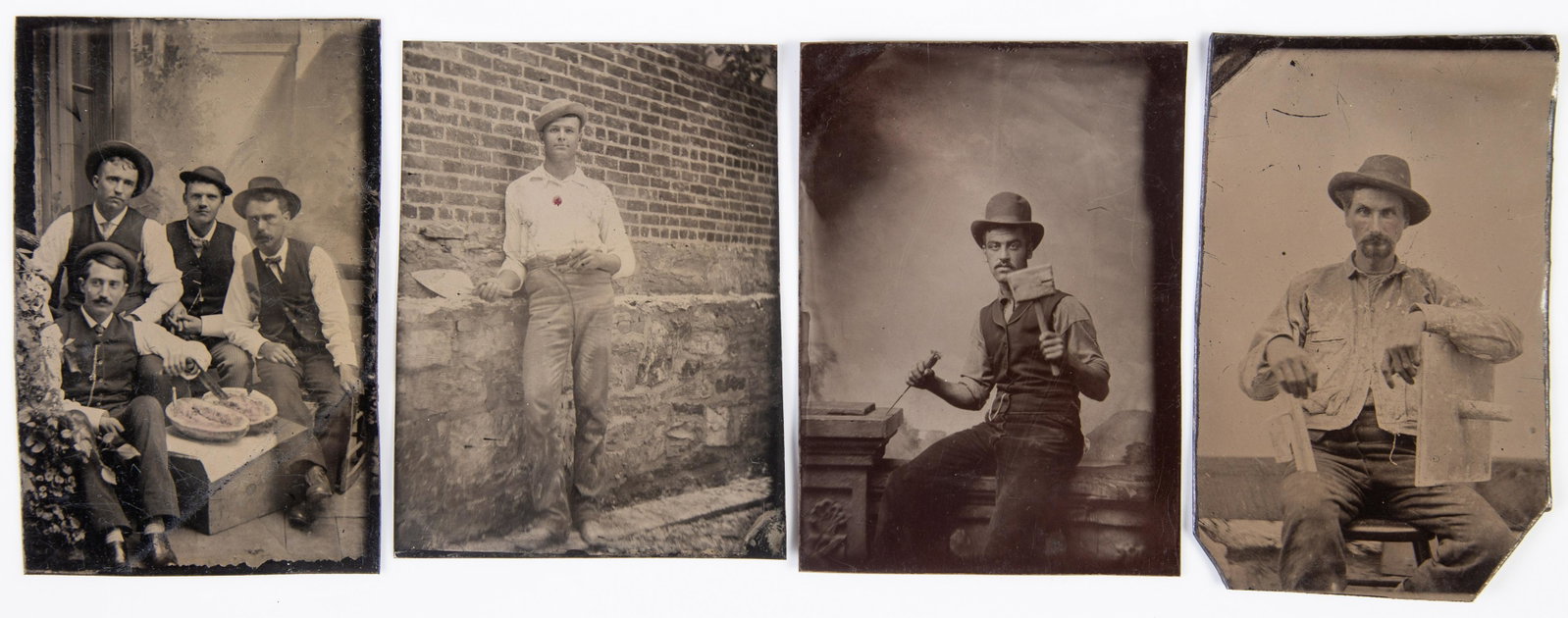 OCCUPATIONAL TINTYPES (4): 6th plate; plasterers, masons, etc.; no mats; no cases; normal wear; VG-EX