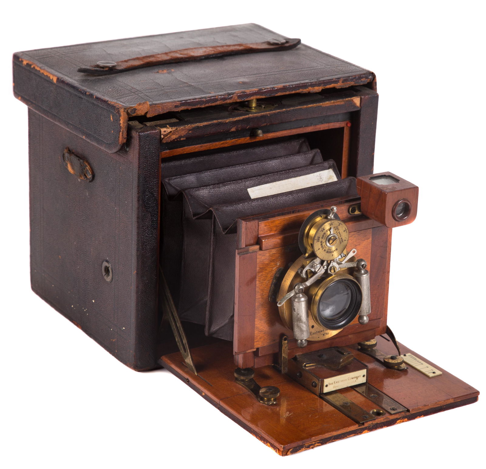 KODAK #4 FOLDING CAMERA: Mahogany with leather case; (1) strap intact; case holdes plates; Kodak #6760 lens; Bausch & Lomb aperture (?); bellows has tape repair; case worn; H-7 1/2", G-VG