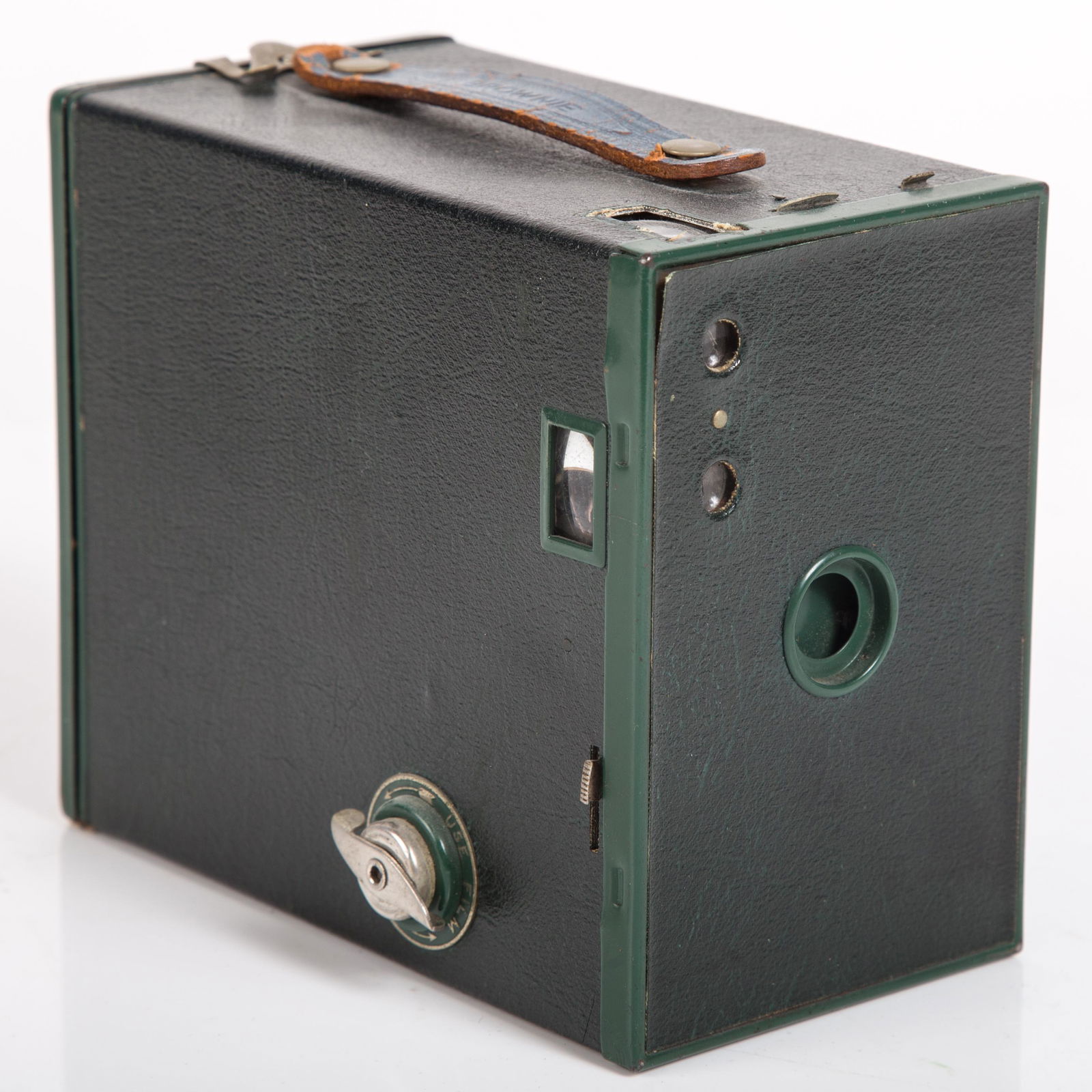 KODAK BROWNIE CAMERA #2A: Box camera; green with blue strap; normal wear; L-6", VG-EX