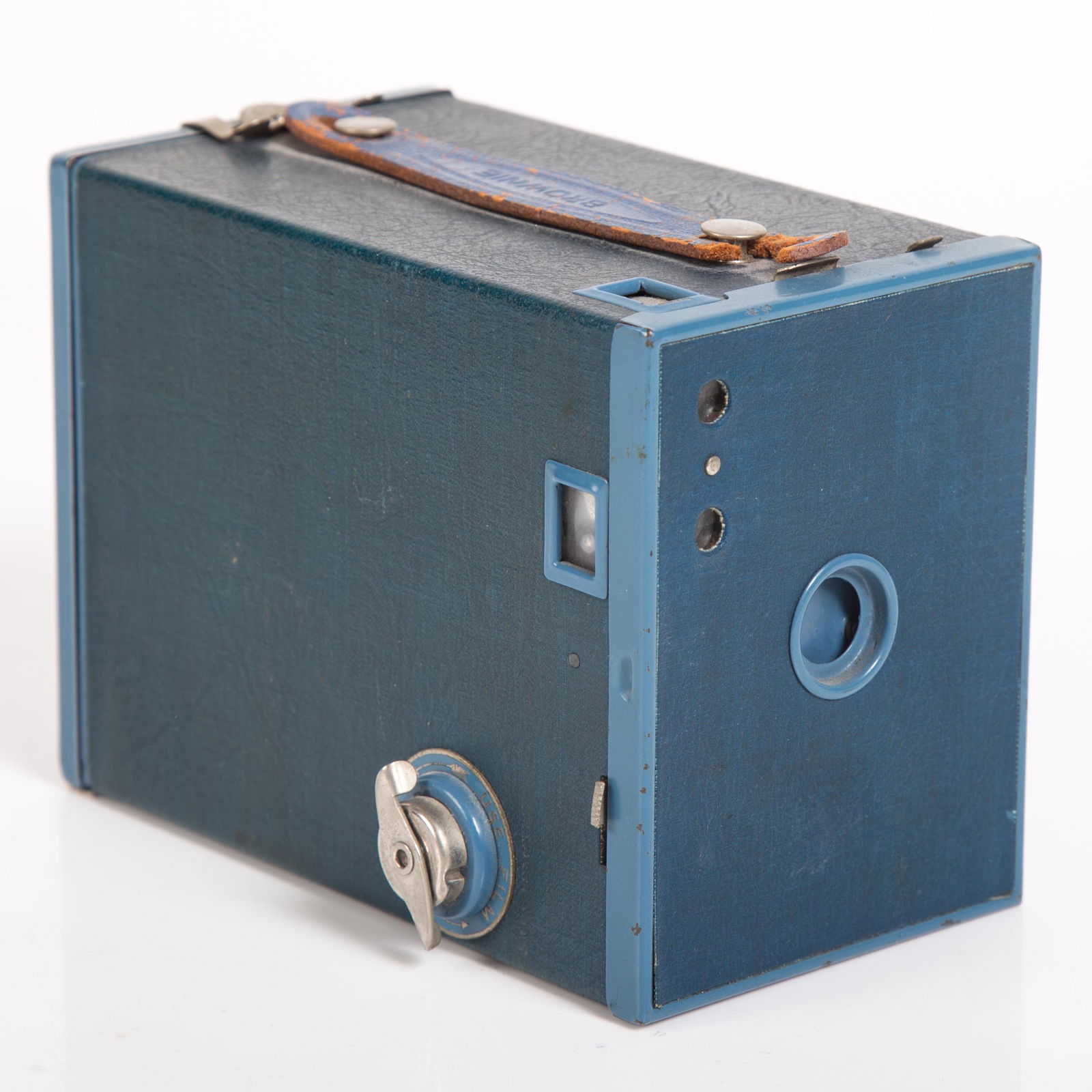 KODAK BROWNIE CAMERA #2: #2 Model F, blue, metal case; strap has end tear; normal wear; L-5 1/2", G-VG