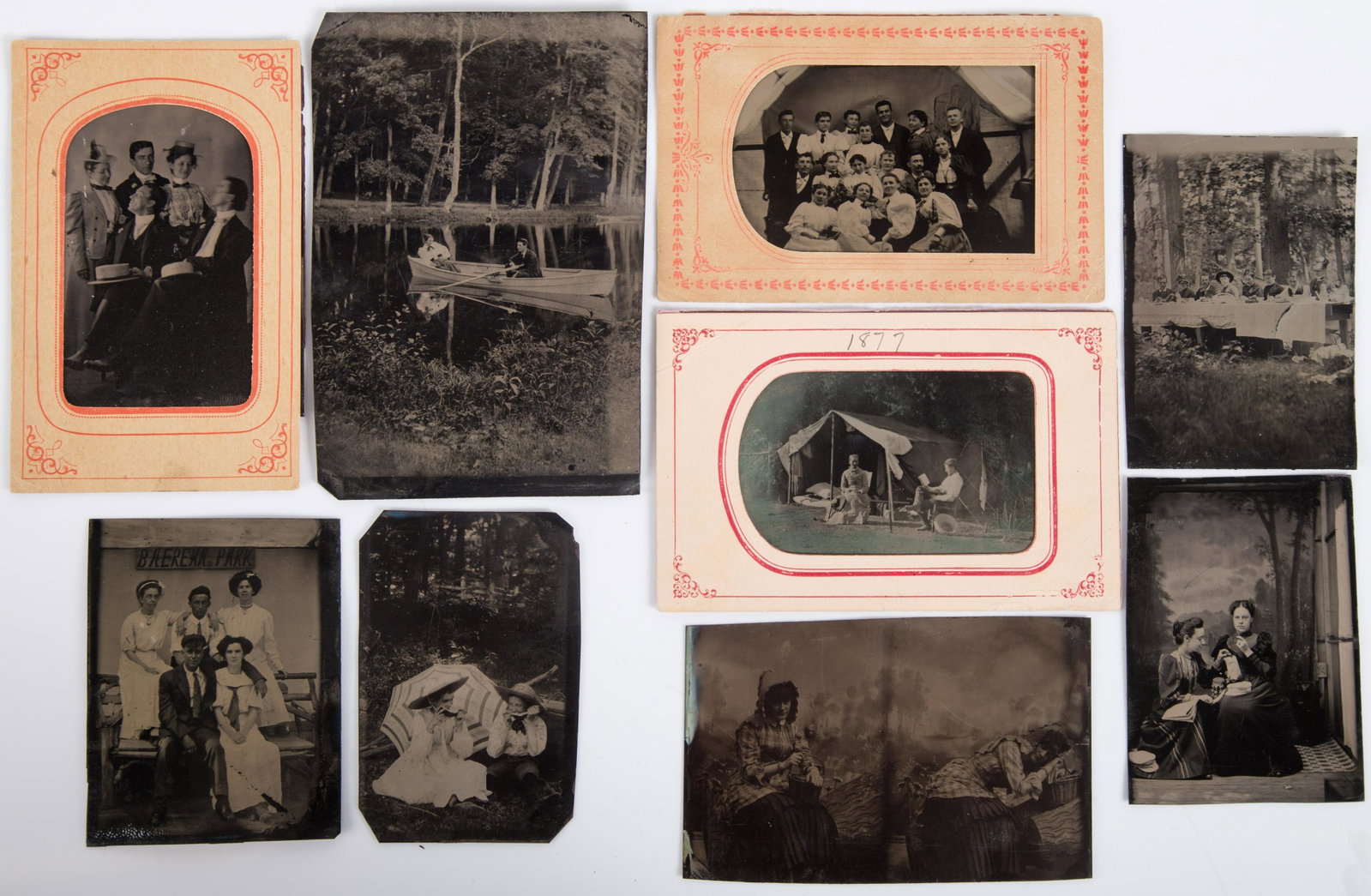 GROUP OF TINTYPES (9): 6th plate to quarter plate; couple in pond boat, picnic, watermelon eaters; camp site; (3) paper mats; some creases; some darkening; G0VG