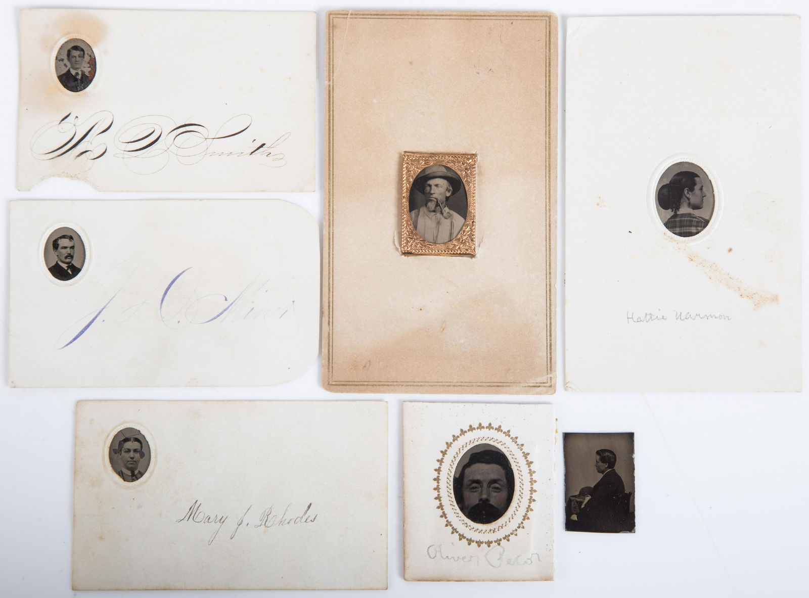 CDV PORTRAIT TINTYPES (7): Six men, one woman; (3) in calling cards, (5) identified; some dark; 1/2" - 1", G-VG