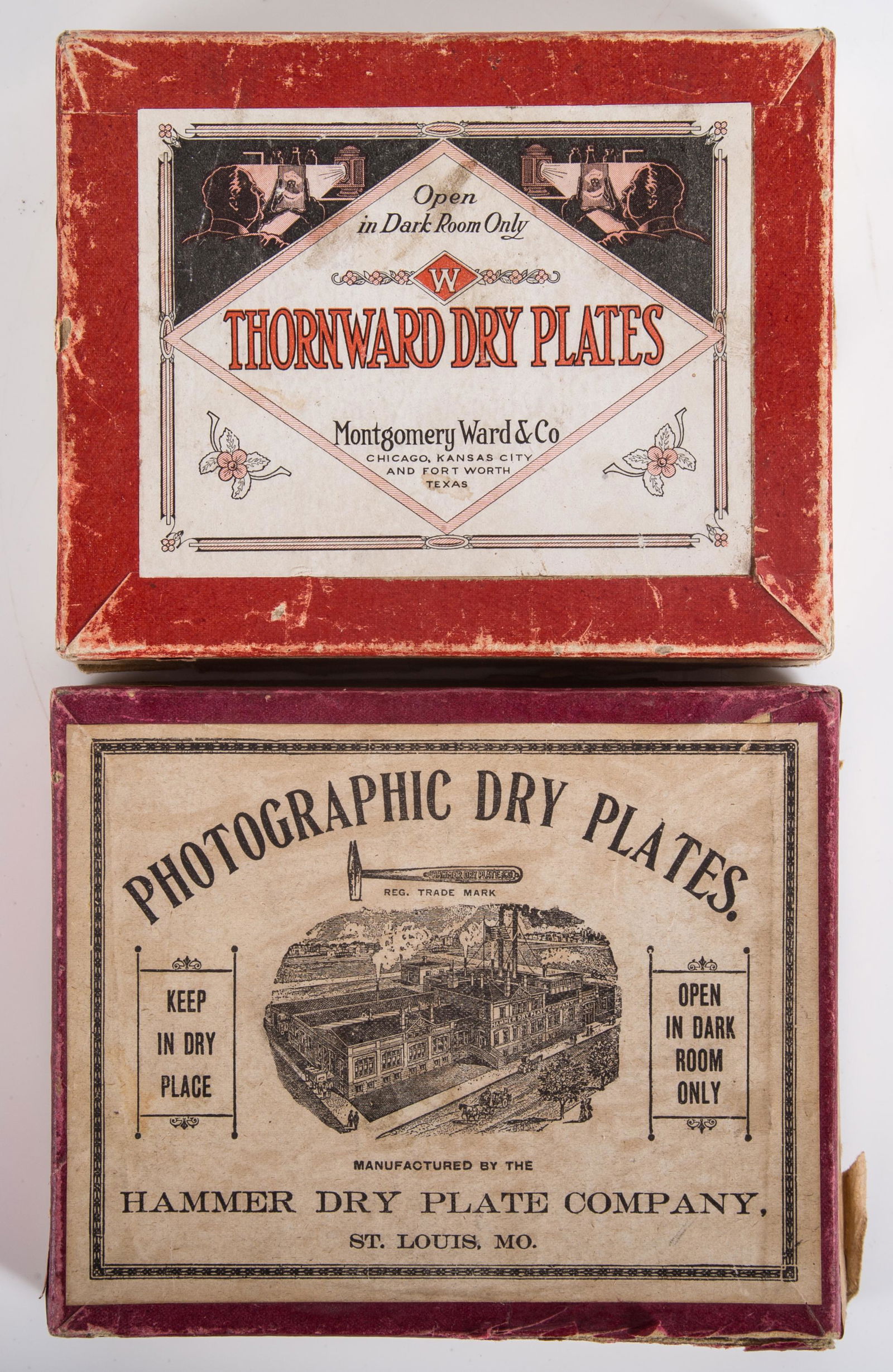 PHOTOGRAPHIC DRY PLATES: (2) original boxes, with some contents; (1) Thornward - Montgomery Ward; (1) Hammer Dry Plate Co.; some box wear; 4" x 5", VG-EX