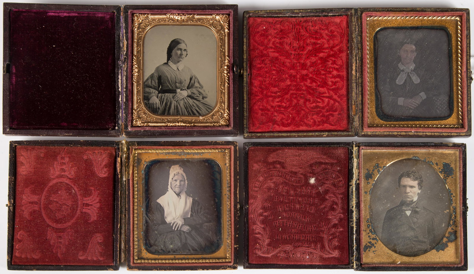 DAGUERREOTYPE & AMBROTYPE PORTRAIT IMAGES (4): 6th plate; (1) daguerreotype of elder woman in lace bonnet; (1) dag of woman; (1) dag of gentleman - Whitehurst; (1) Ambro of young woman; gilt metal mats; stamped cases; needs cleaning; case 3 3/4" x