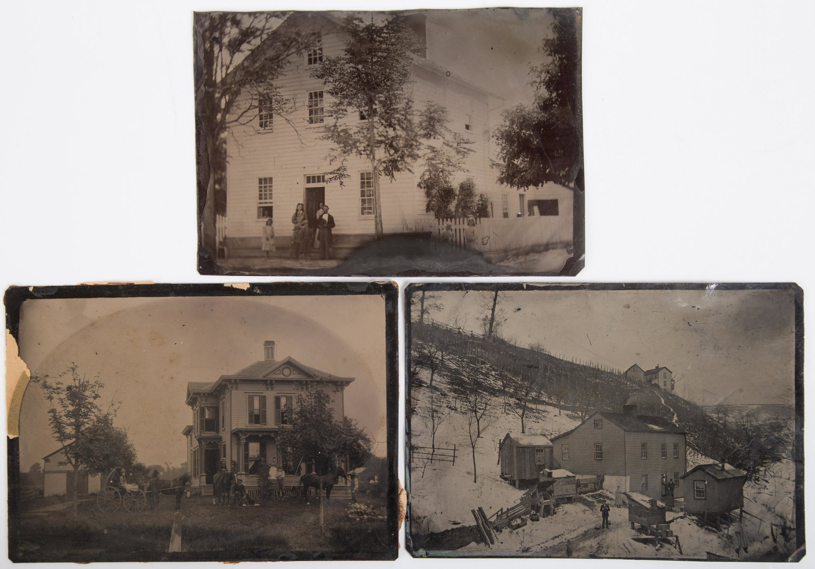 TINTYPES HOUSES (3): Half plates+; (1) West Mecca Ohio 1880's - horses, carriage, people; (1) Snow hillside scene, Preston County, WV; (1) house in town; G-VG