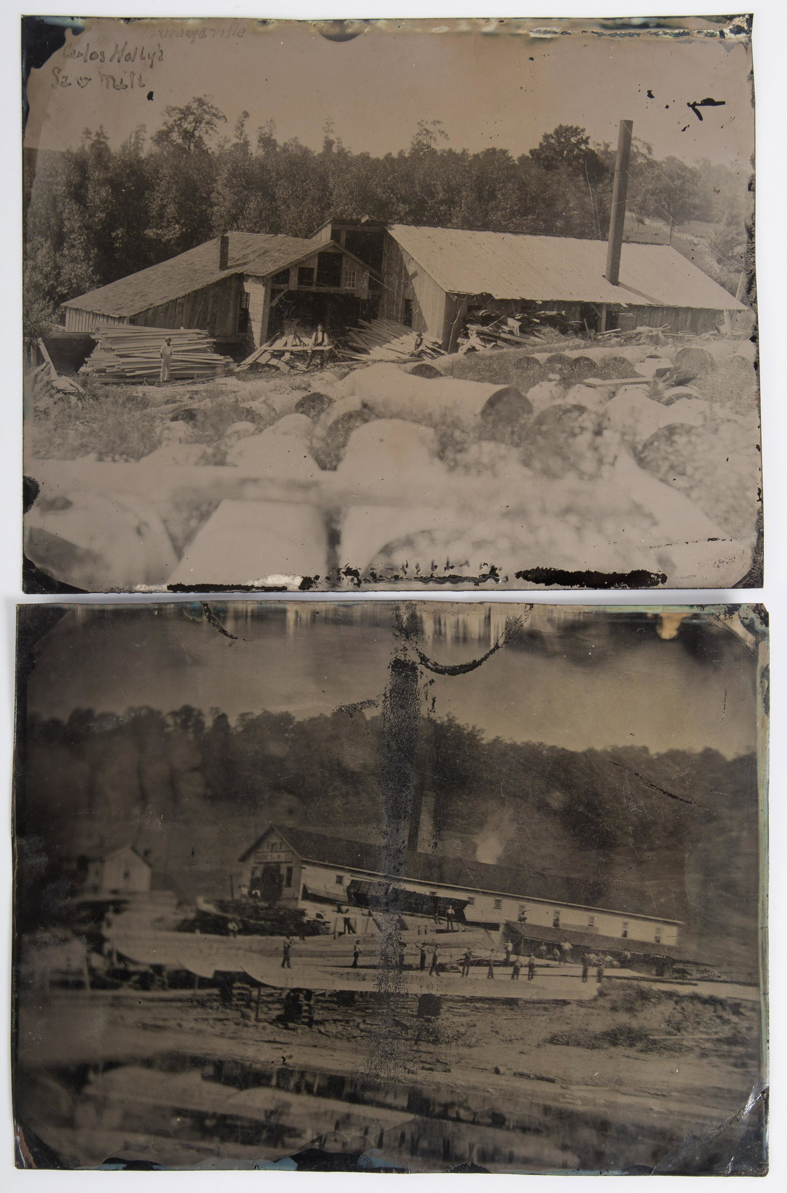 LUMBERYARD TINTYPES (2): Full plates; (1) Holly's Saw Mill; no mat, no case; (1) darker; G-VG