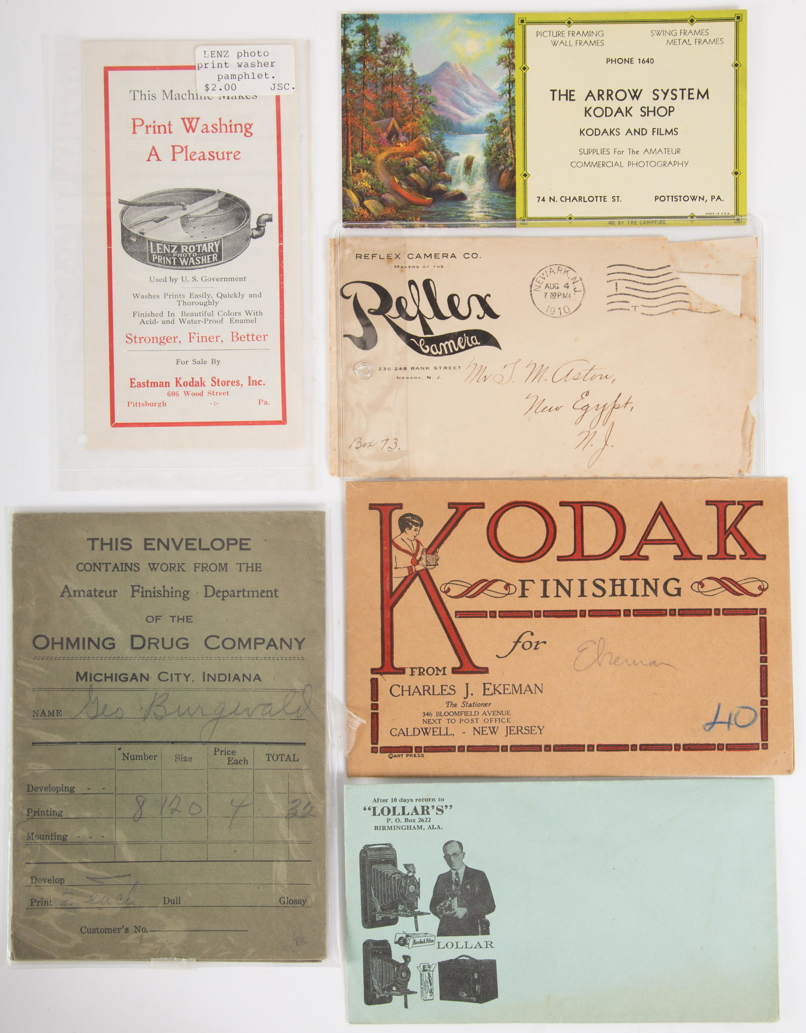 PHOTOGRAPHIC ADVERTISING: (3) Finishing Envelopes, (1) Kodak blotter, (1) print washer pamphlet, (1) Reflex Camera sales letter; some wear; L-6 1/2", F-VG