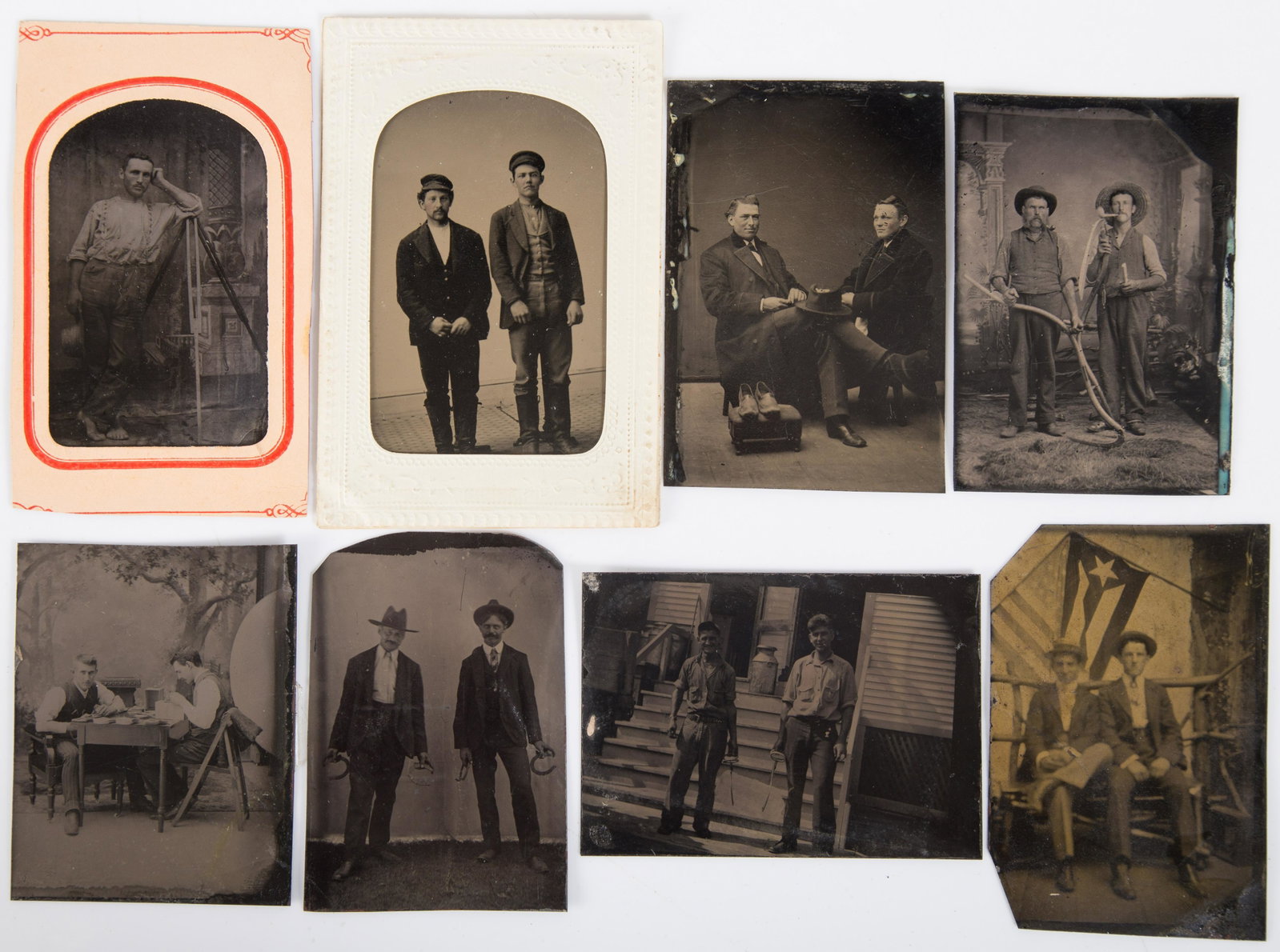 OCCUPATIONAL TINTYPES (7): 6th plates; farmers, horseshoe players, ice men, surveyor, Texas flag; etc.; (2) with paper mats; normal wear; some dark; G-VG