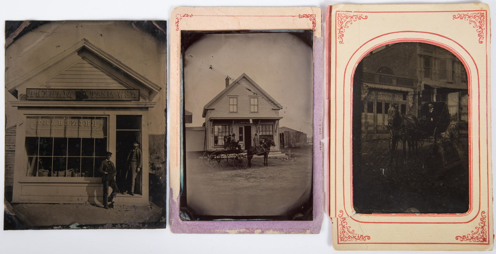 OUTDOOR TINTYPE STORES & CARRIAGES (3): Quarter to half plates; (1) post office; (1) New Meat Market; (2) paper mats; normal wear; G-VG