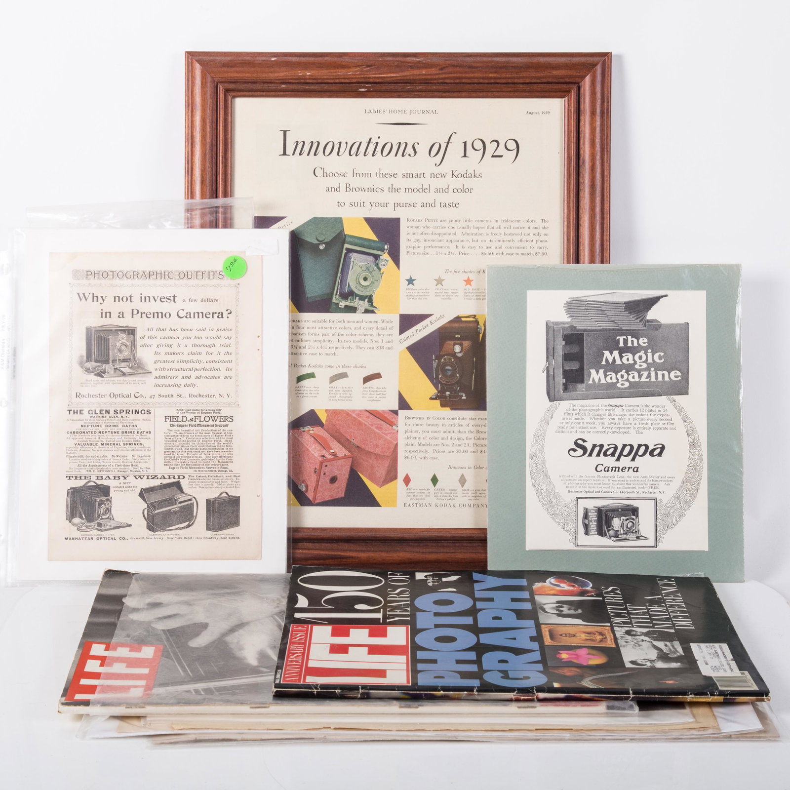 PHOTOGRAPHIC PAPER EPHEMERA (10): Life Magazine Street Photographers, Early magazine ads, broadsides and covers; Life 150 Years Photography, Kodak ads, (1) framed; normal wear; G-VG